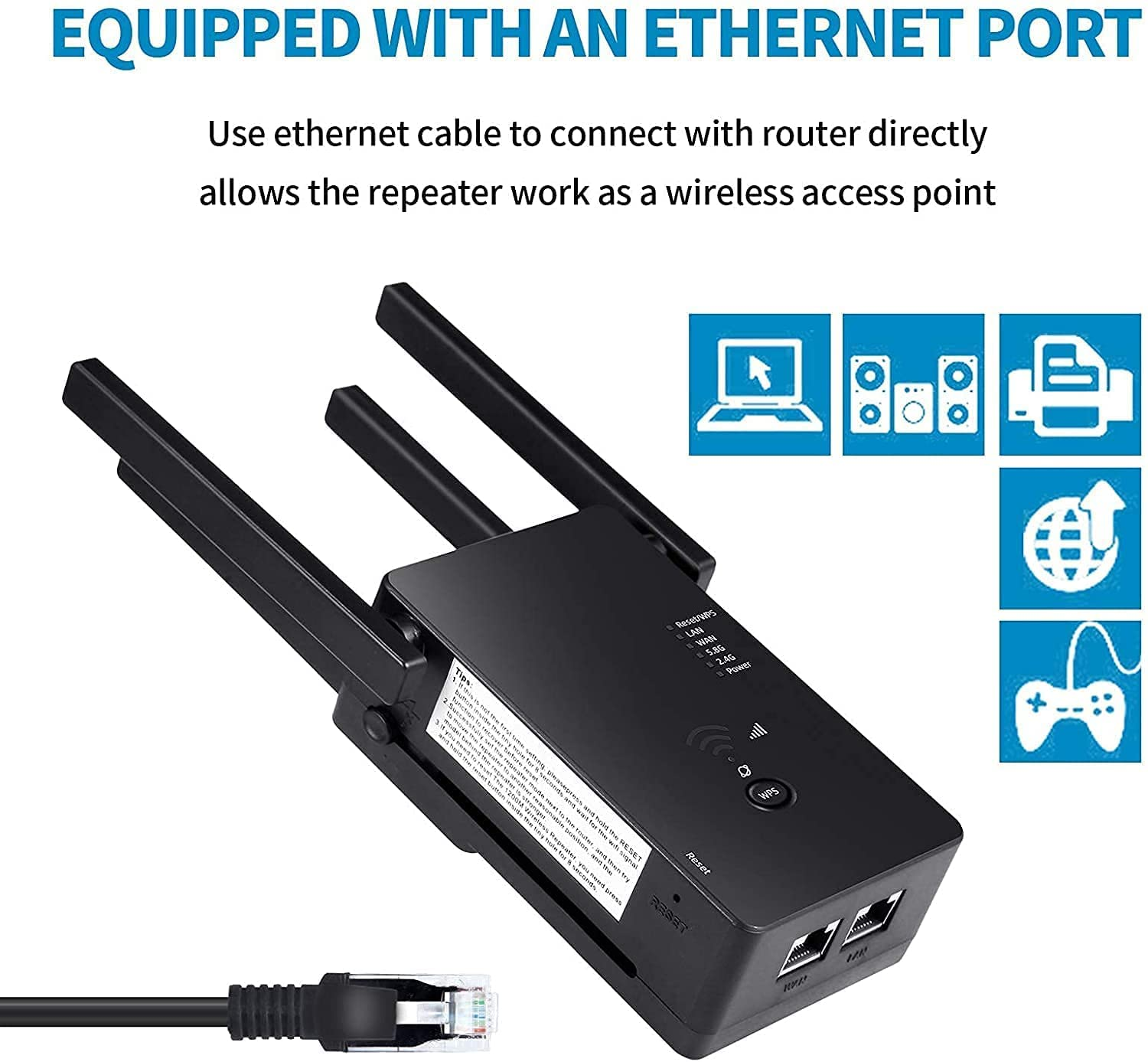 Ein schwarzer Repeater mit Antennen und einem Ethernet-Anschluss, zusammen mit verschiedenen Symbolen.