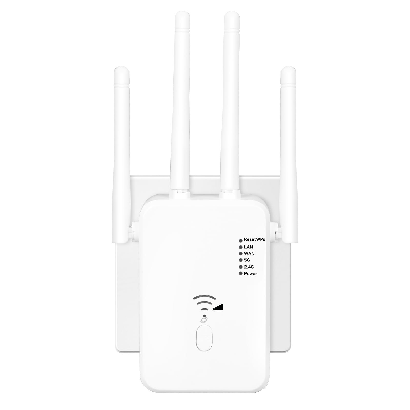 Weißer WLAN-Extender mit Antennen und Kontrollleuchten, an einer Wand montiert.