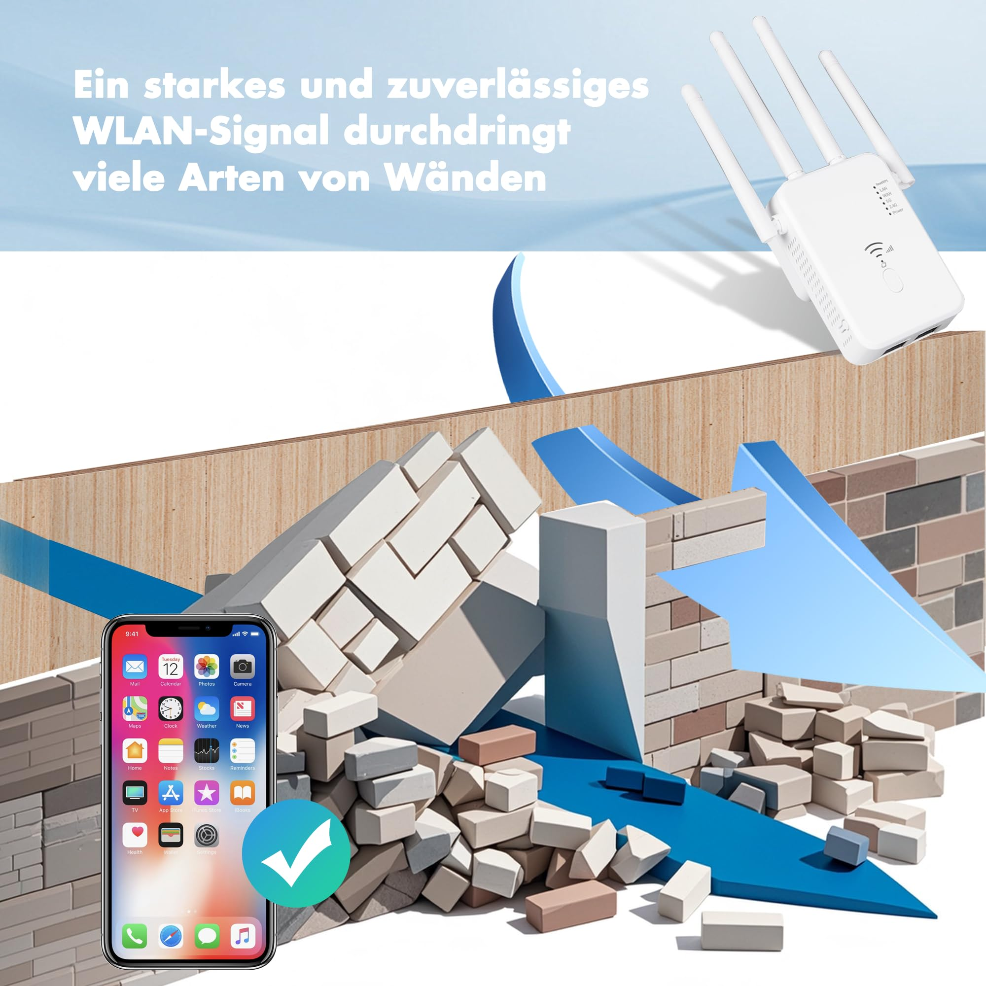 Ein weißer WLAN-Extender und ein Telefon mit App-Bildschirm. Ziegel und Wände im Hintergrund.
