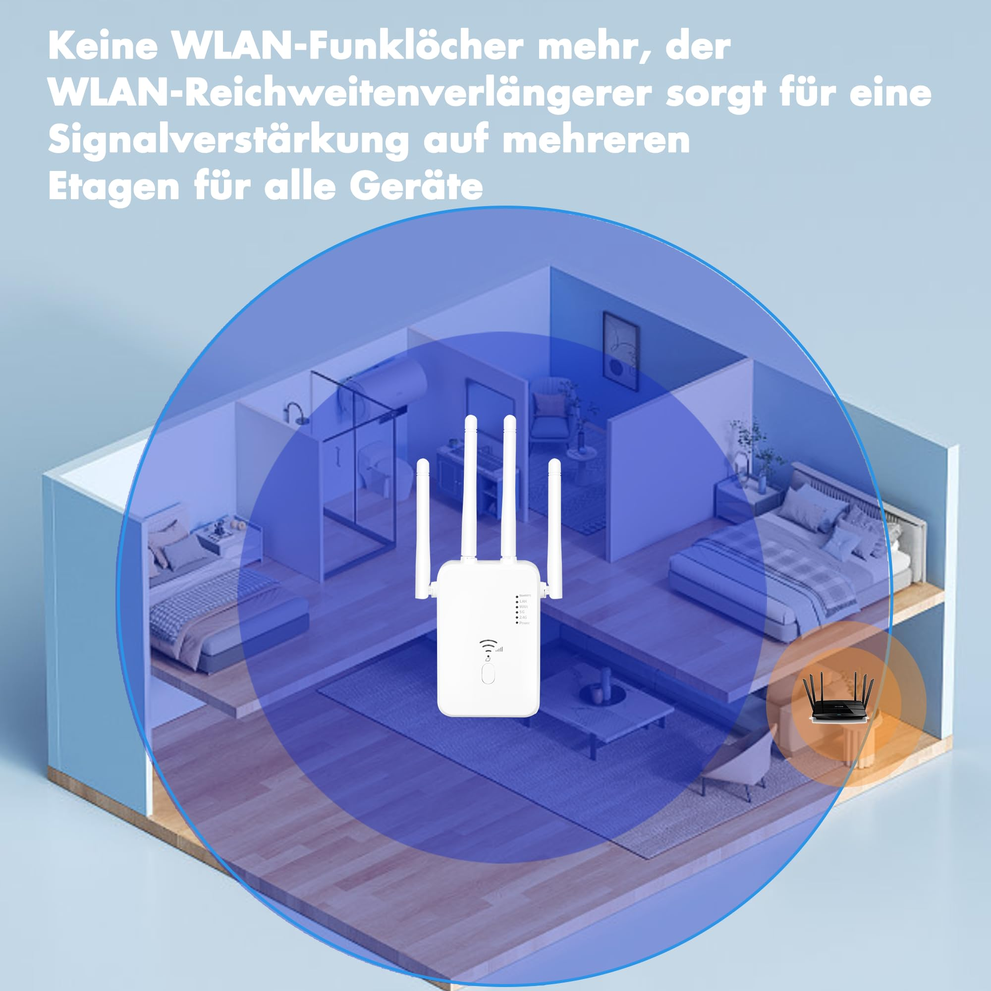 WLAN-Repeater in einer Wohnungsillustration, mit blauem Signalbereich-Overlay.