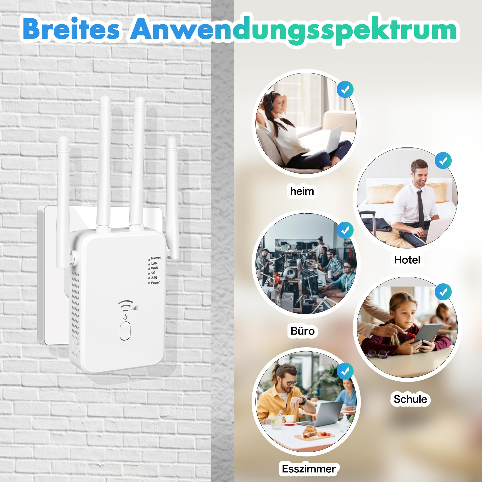 Ein weißer WLAN-Extender an einer weißen Backsteinmauer, mit Illustrationen verschiedener Nutzungsszenarien.