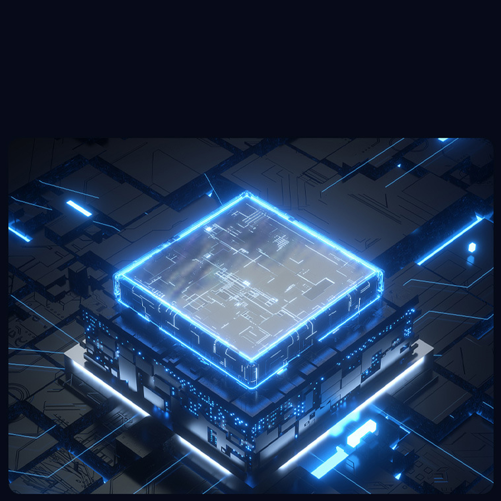 Ein blau leuchtendes Quadrat in einer dunklen, detaillierten und futuristischen Umgebung.