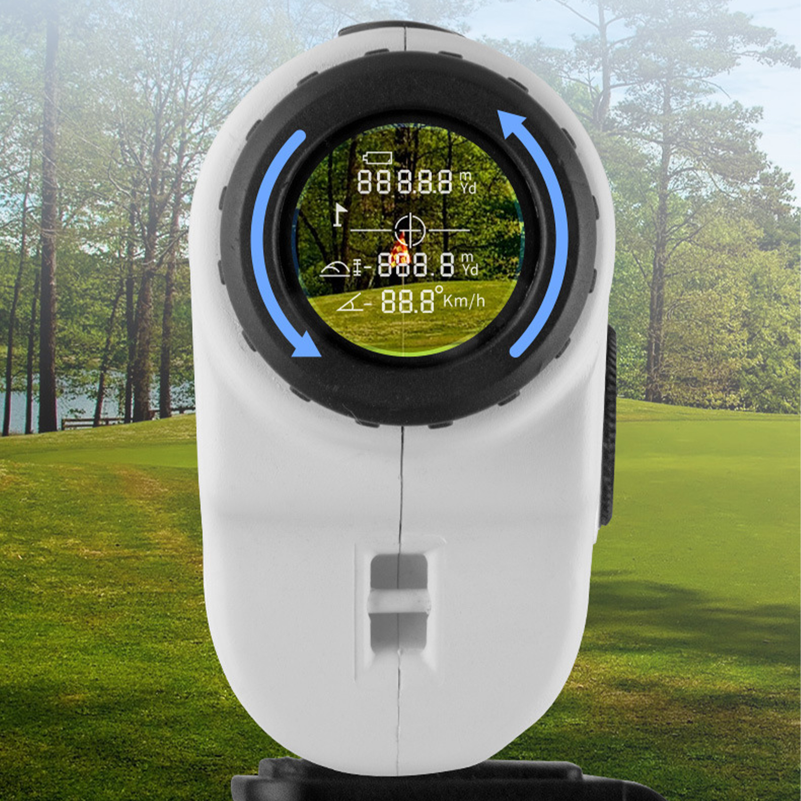 Golf-Entfernungsmesser zeigt Entfernung und andere Golfmetriken auf dem Bildschirm.