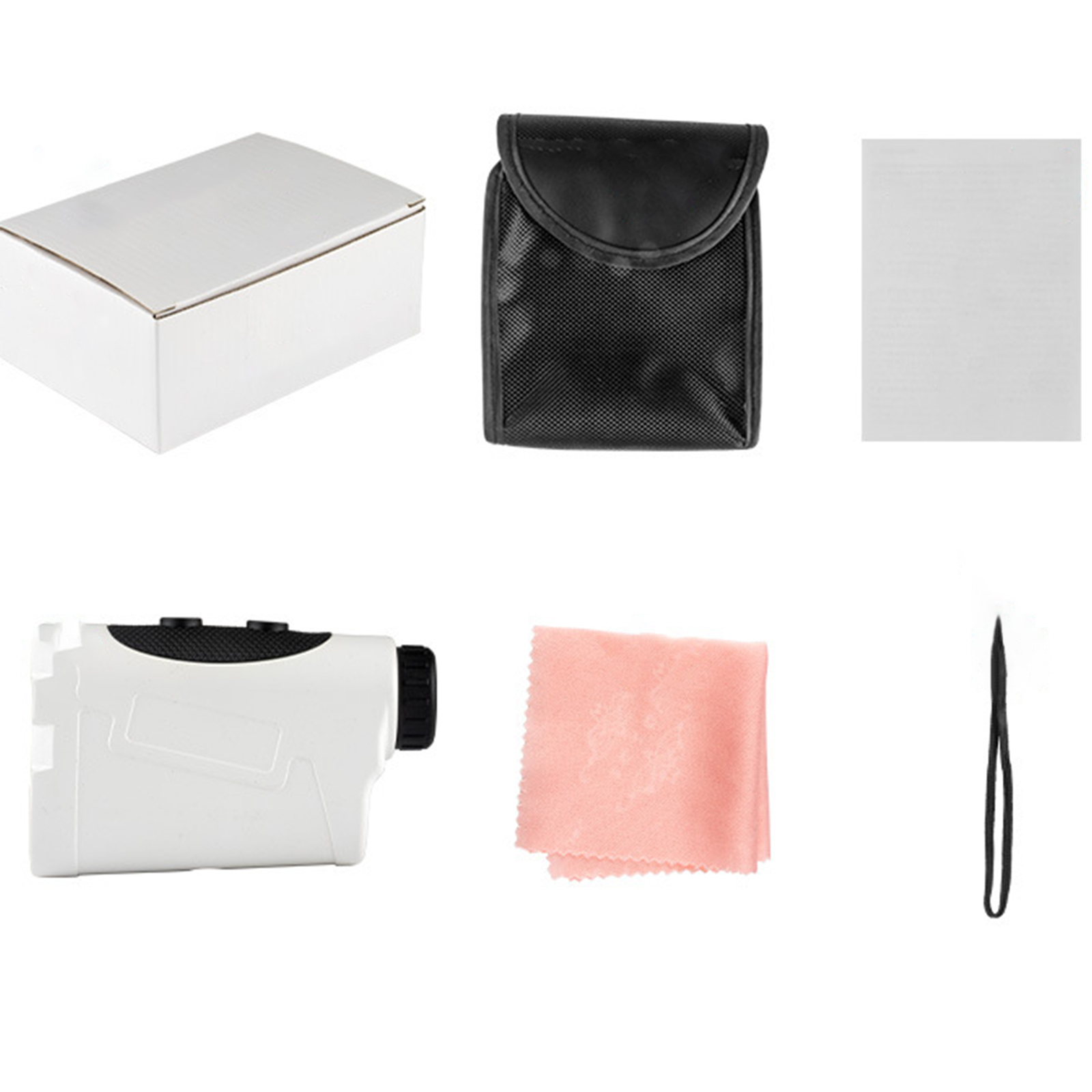 Weiße Box, schwarzes Etui, rosa Tuch und Entfernungsmesser auf weißer Oberfläche.