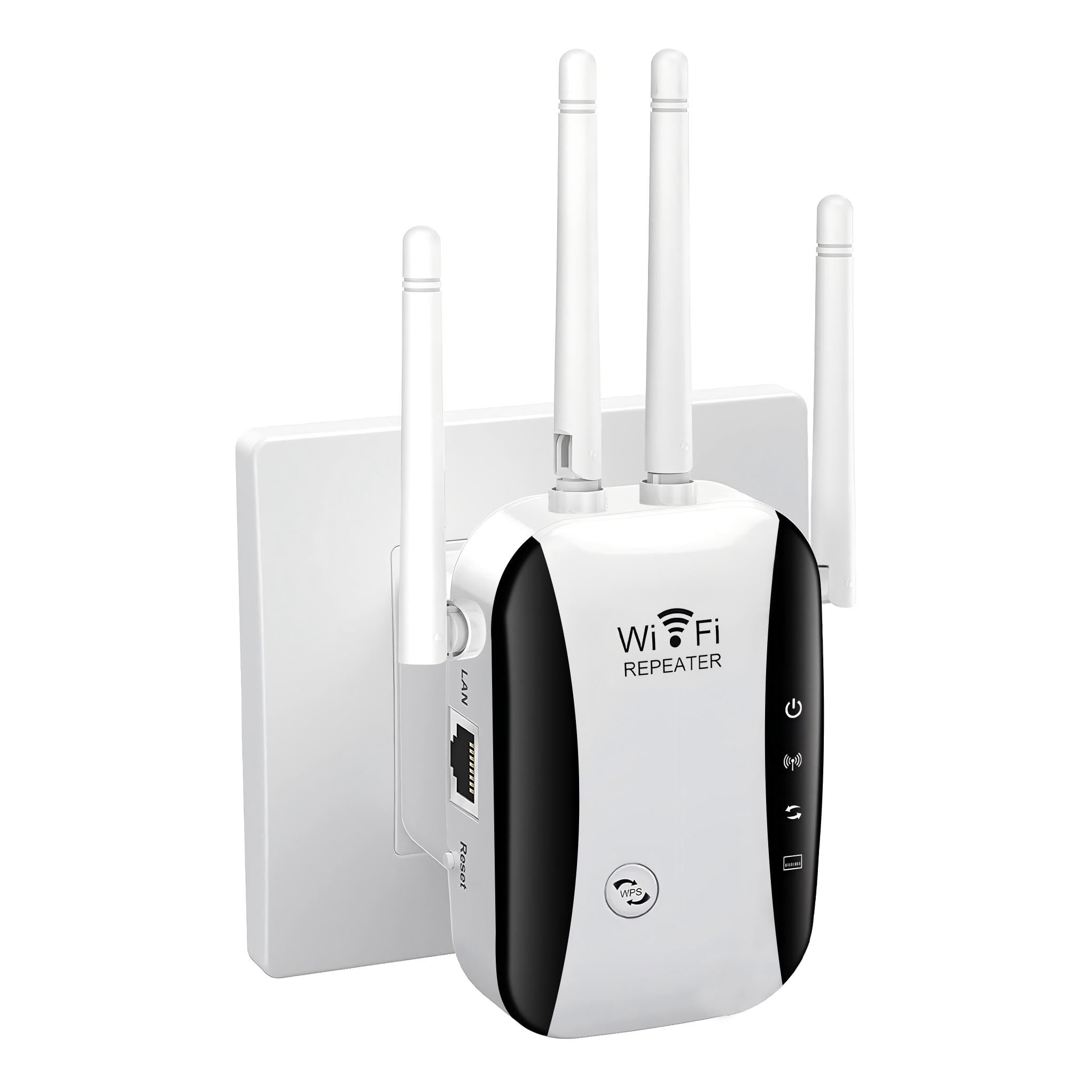 Ein weiß-schwarzer WLAN-Repeater mit drei Antennen. Er ist an eine Steckdose angeschlossen.