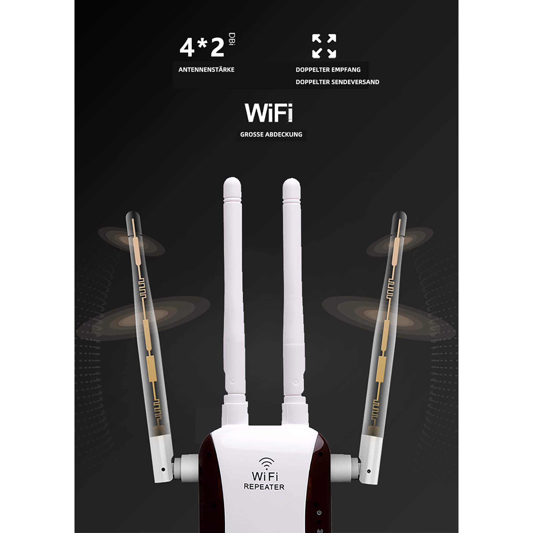 WLAN-Repeater mit Antennen, Text-Overlay und dunklem Hintergrund.