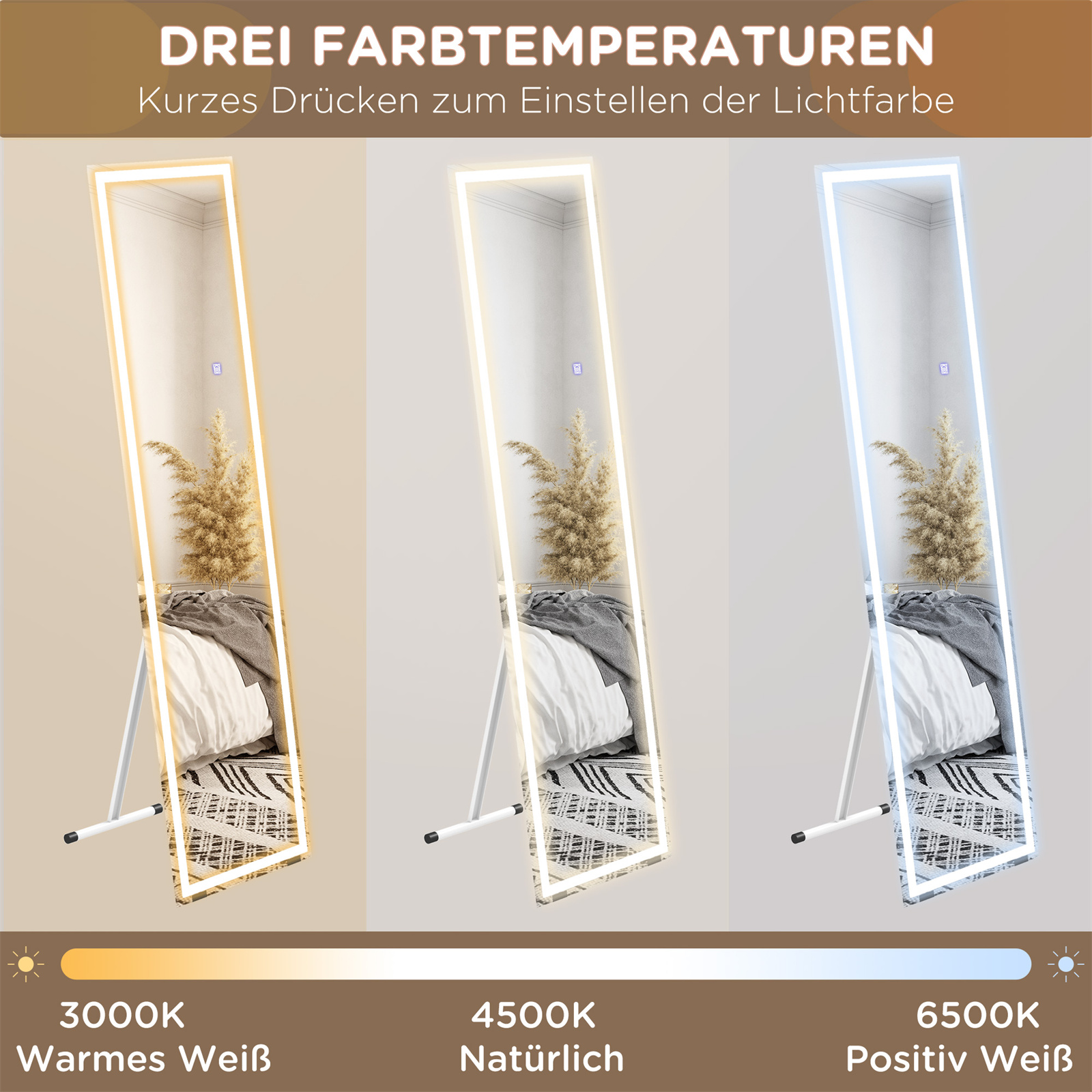 Drei Spiegel mit unterschiedlichen Farbtemperaturen: warm, natürlich und positiv weiß.