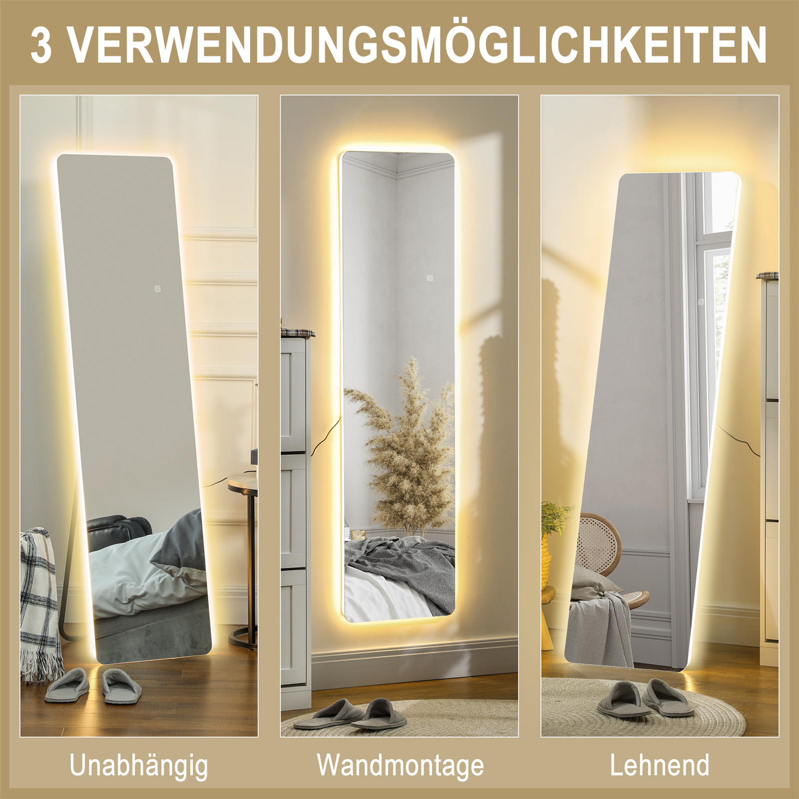 Drei Spiegel mit Beleuchtung, die verschiedene Nutzungsmöglichkeiten zeigen: freistehend, wandmontiert und lehnend.