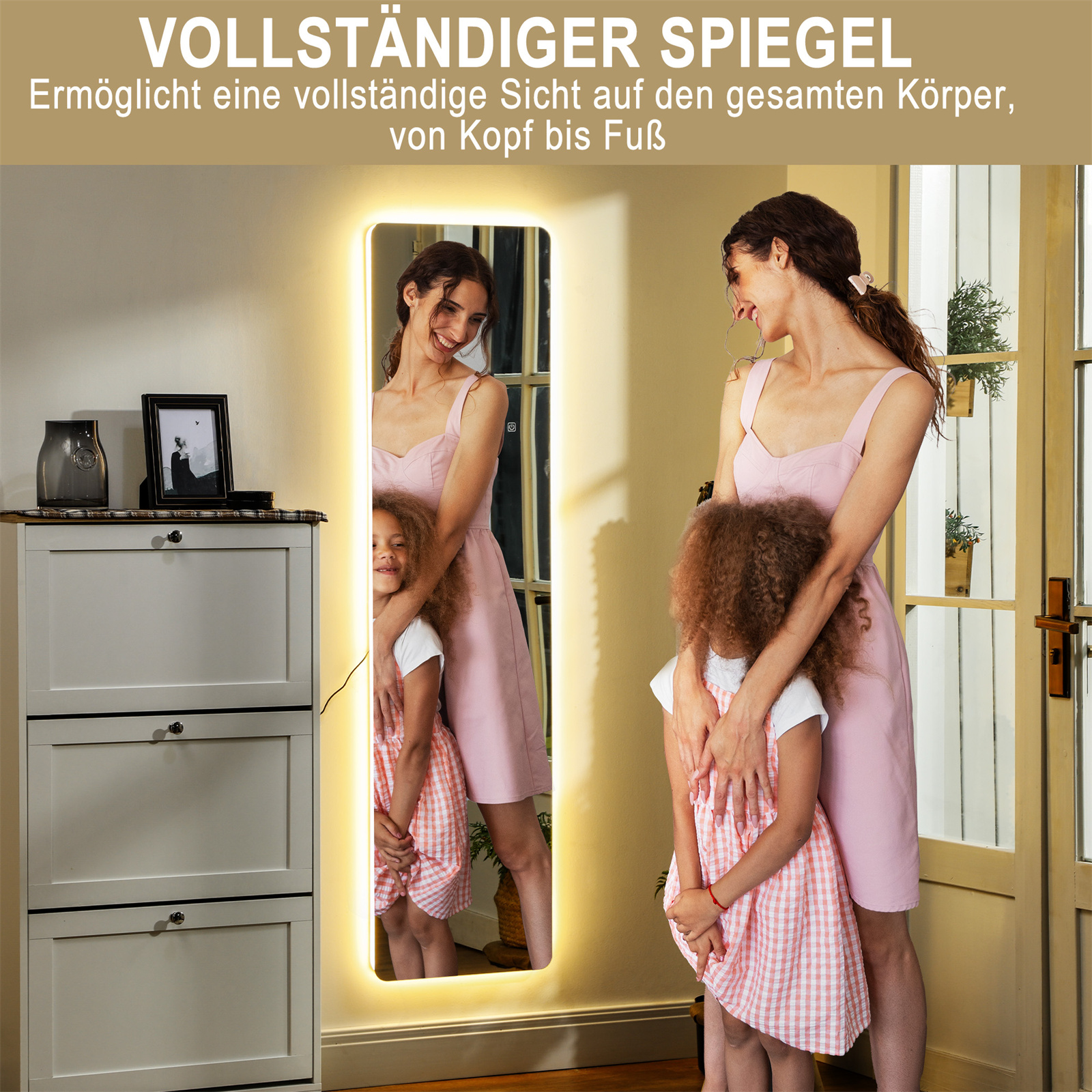 Eine Frau und ein Mädchen vor einem Ganzkörperspiegel. Text: 'Vollständige Sicht'.