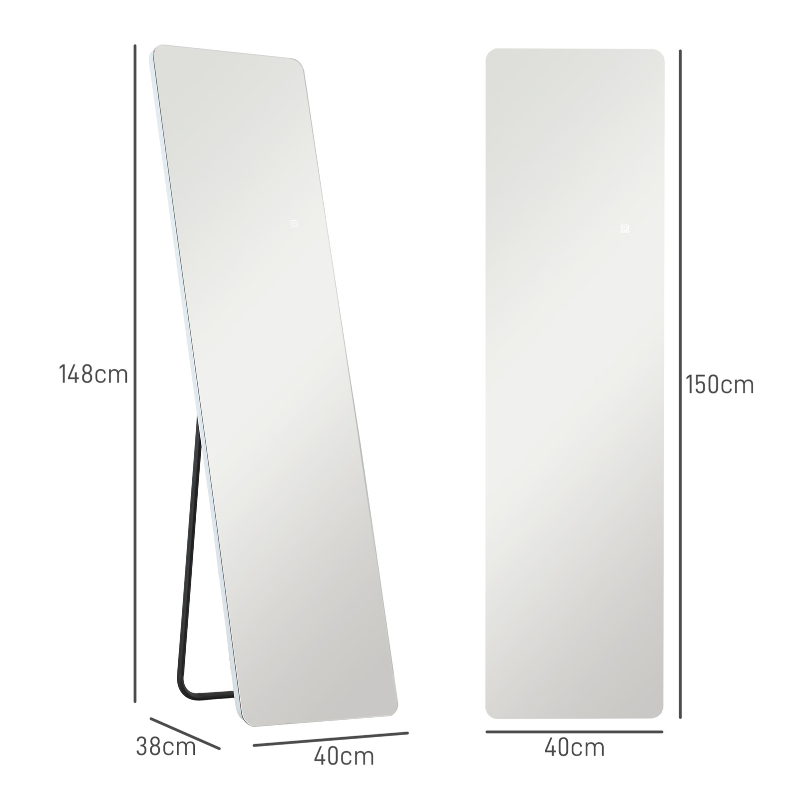 Zwei Spiegel, einer abgewinkelt, mit Abmessungen: 148cm hoch, 38cm Basis, 40cm breit; der andere, gerade.