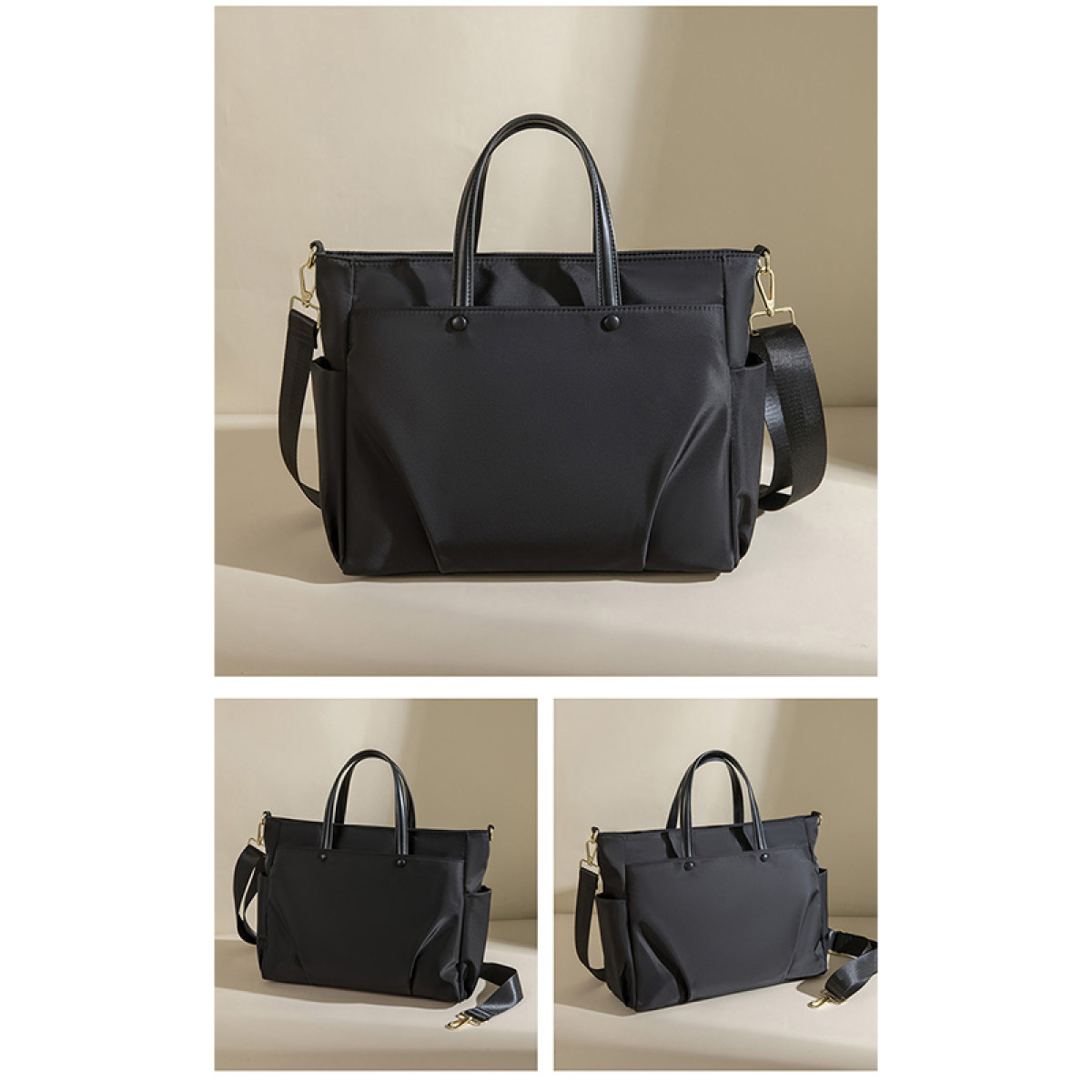 Czarna torba typu tote w wielu ujęciach. Widoczny pasek na ramię i boczne kieszenie.