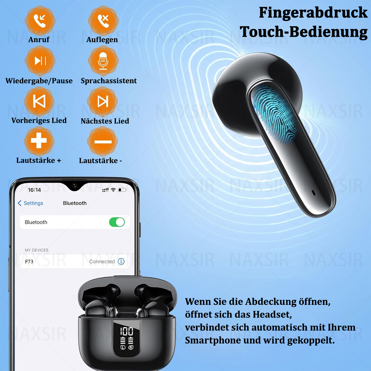 Ohrhörer mit Ladeetui und Smartphone mit Bluetooth-Einstellungen. Schwarz-Blau-Töne.