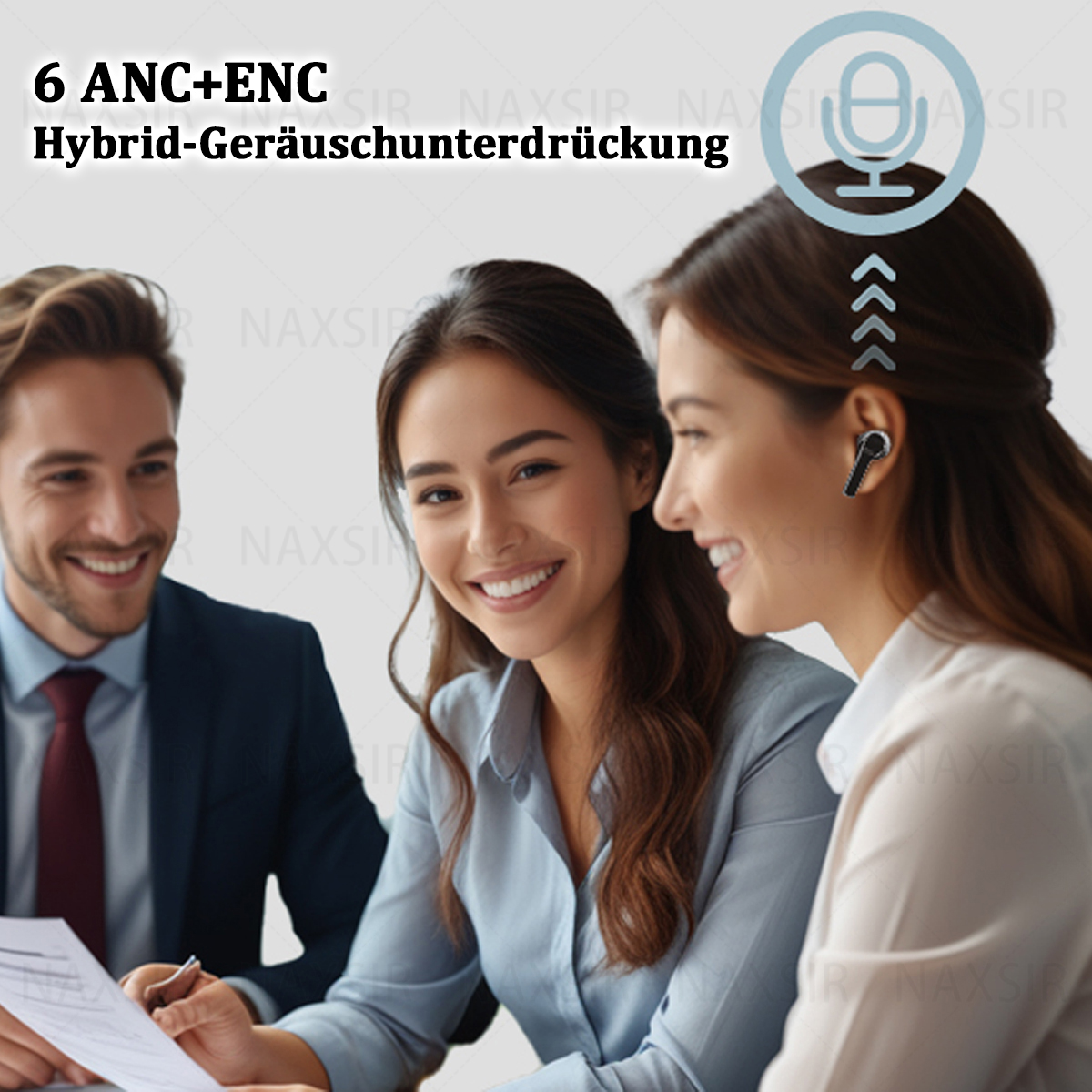 Drei lächelnde Personen, eine mit Ohrhörer. Text: '6 ANC+ENC Hybrid-Geräuschunterdrückung'.