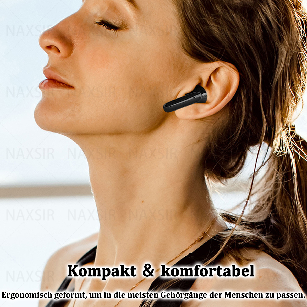 Frau mit schwarzem Ohrhörer im Ohr. Text: 'Kompakt & komfortabel'.