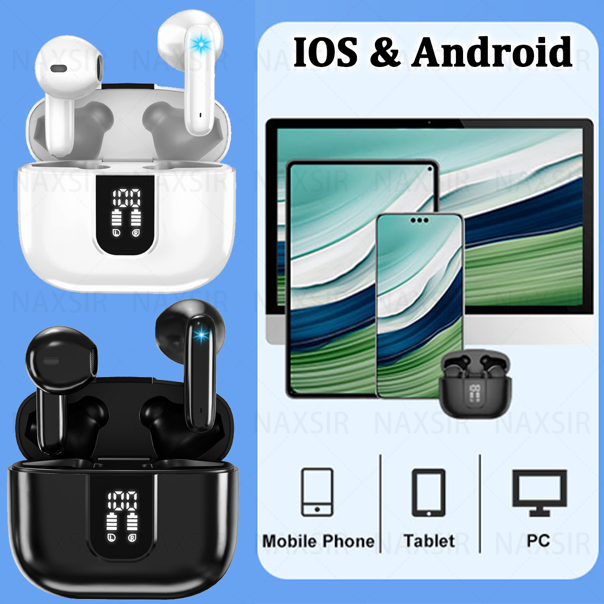 Kopfhörer mit Ladeetuis, präsentiert mit Telefon und Tablet, zusammen mit Geräte-Icons.