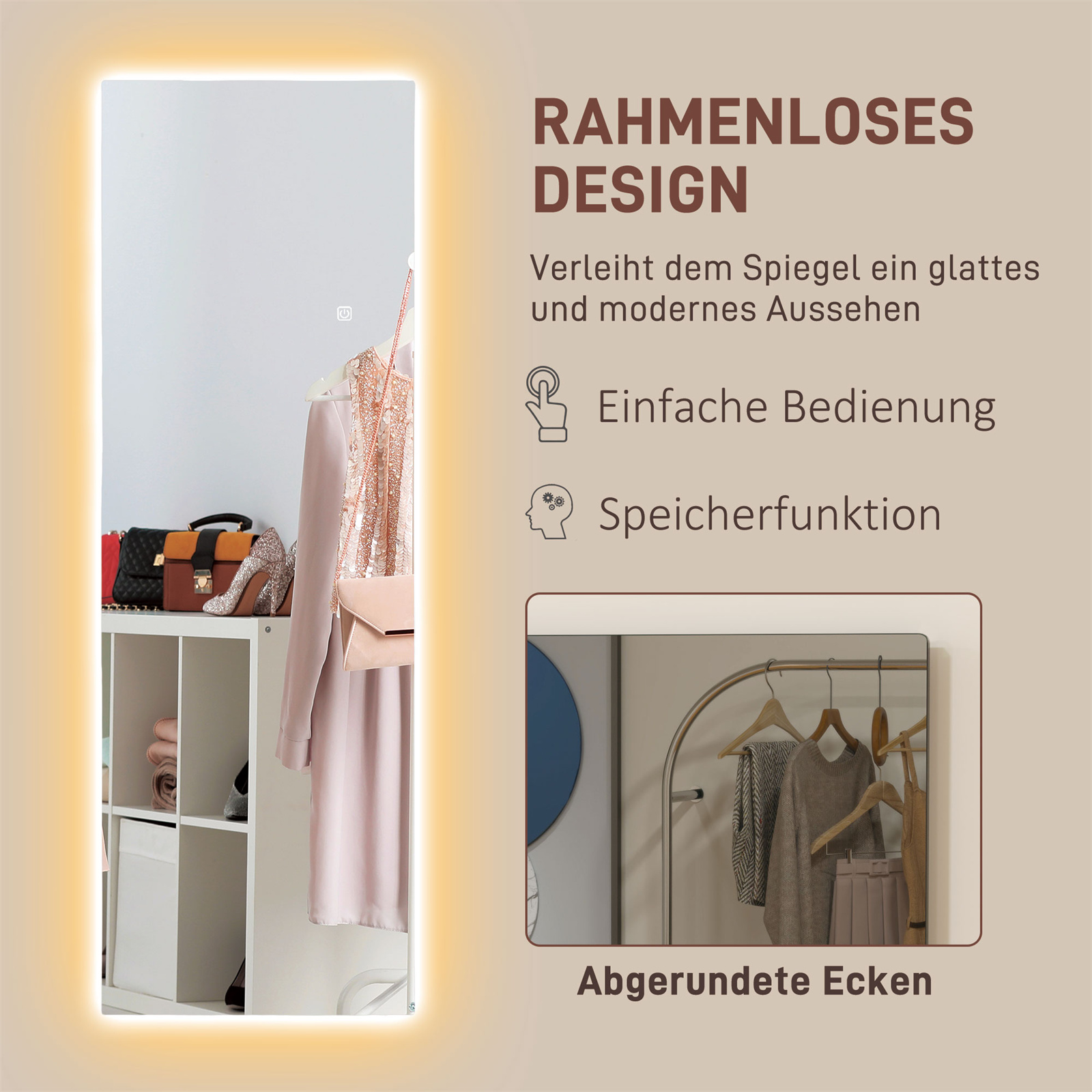 Beleuchteter rahmenloser Spiegel mit Kleidung und Accessoires auf einem Regal.
