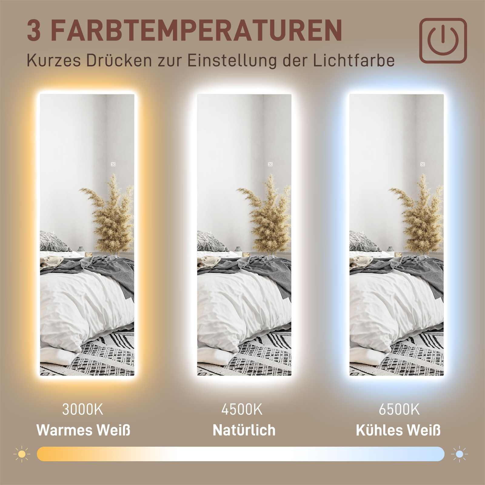 Drei beleuchtete Spiegel, zeigen verschiedene Lichttemperaturen, mit Bett dahinter.