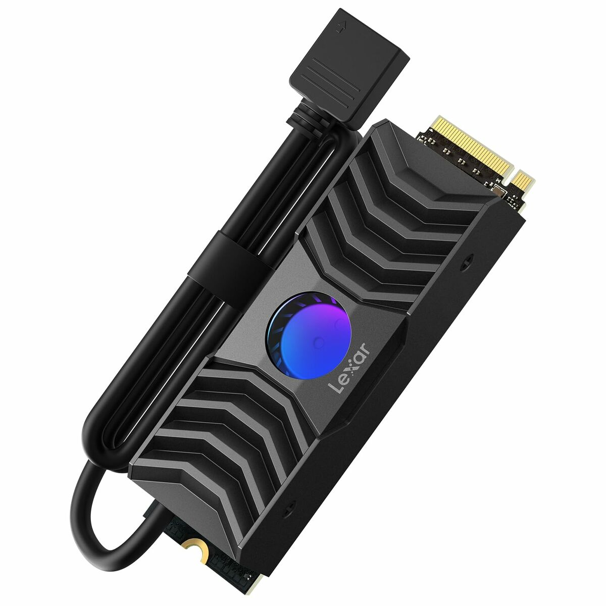 SSD Lexar nero e grigio, con cavo nero. L'SSD ha una luce circolare blu-viola.