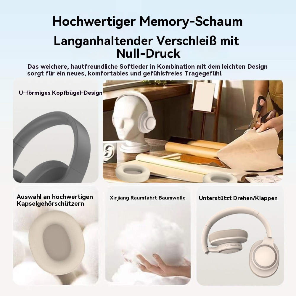 Das Bild zeigt Kopfhörerkomponenten, einschließlich Ohrmuscheln und ein Kopfmodell. Text hebt Merkmale wie Memory-Schaum hervor.