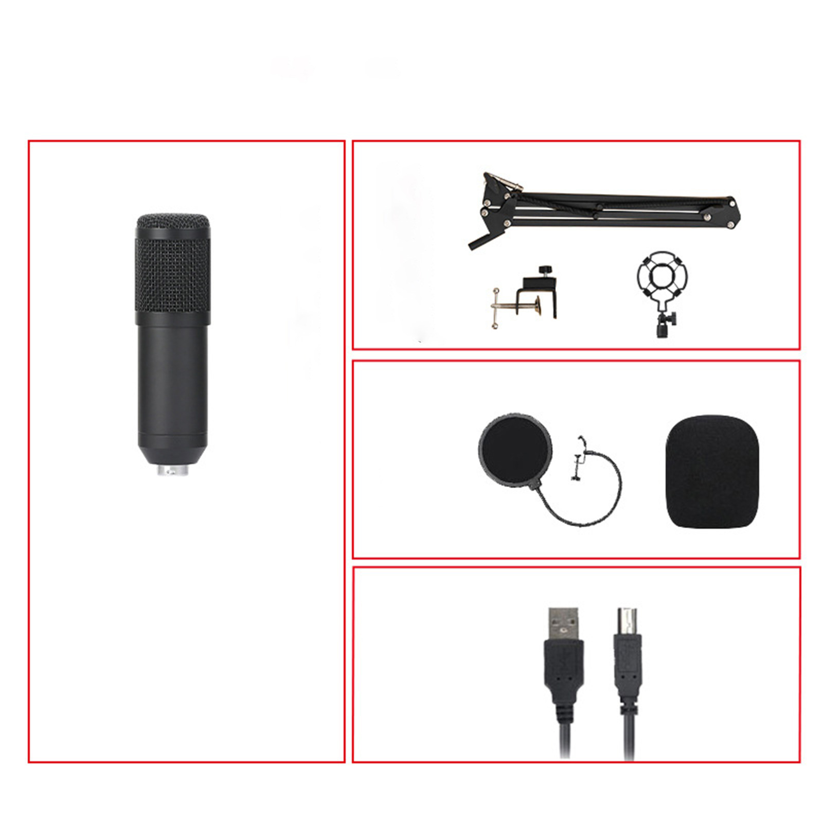 Ein schwarzes Mikrofon, ein Ständer, ein Pop-Filter und ein USB-Kabel auf weißem Grund.