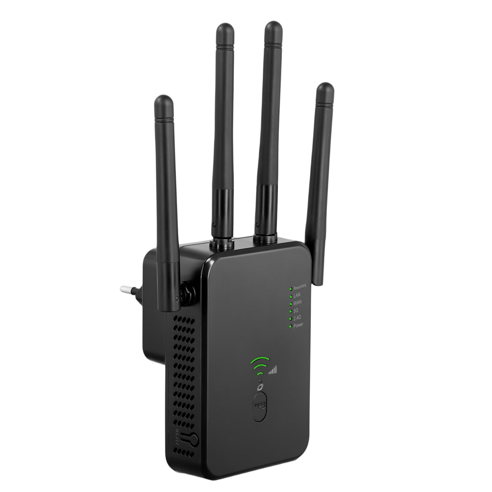 Ein schwarzer WLAN-Repeater mit Antennen und grünen Kontrollleuchten, eingesteckt in eine Steckdose.