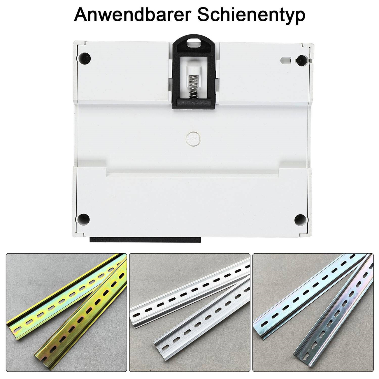 Ein weißes Panel mit Federclip und drei unterschiedlich farbigen Metallschienen.