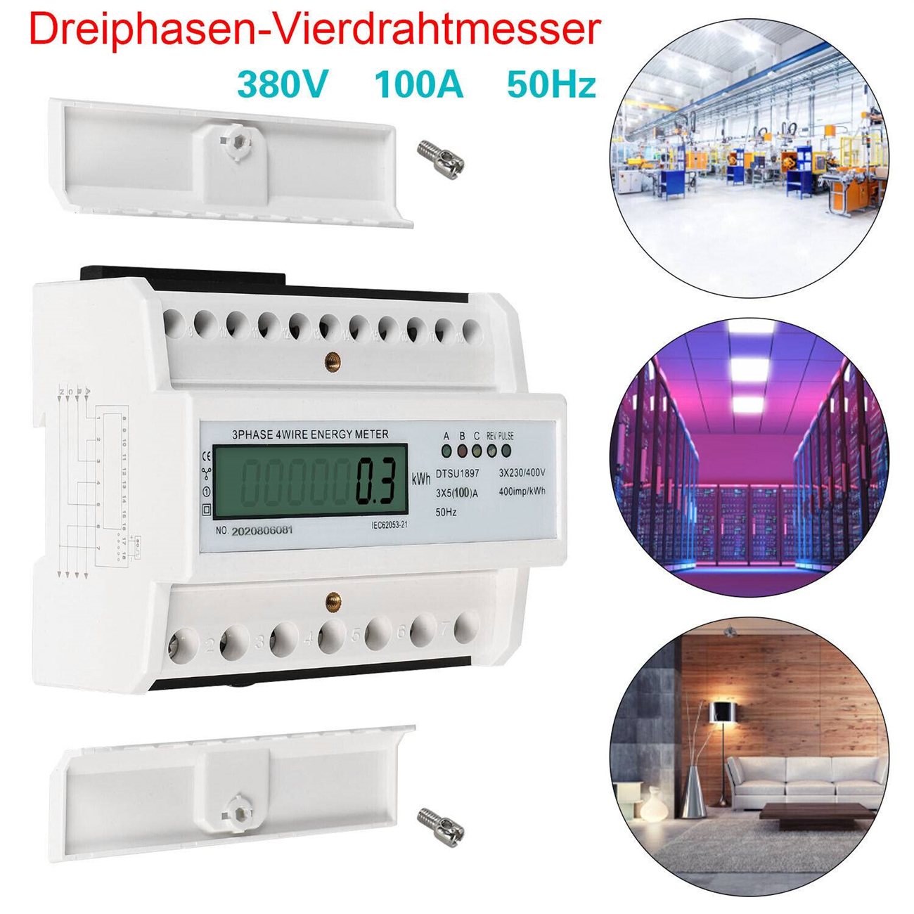 Digitaler Stromzähler mit Display und mehreren Ansichten von Nutzungsszenarien.