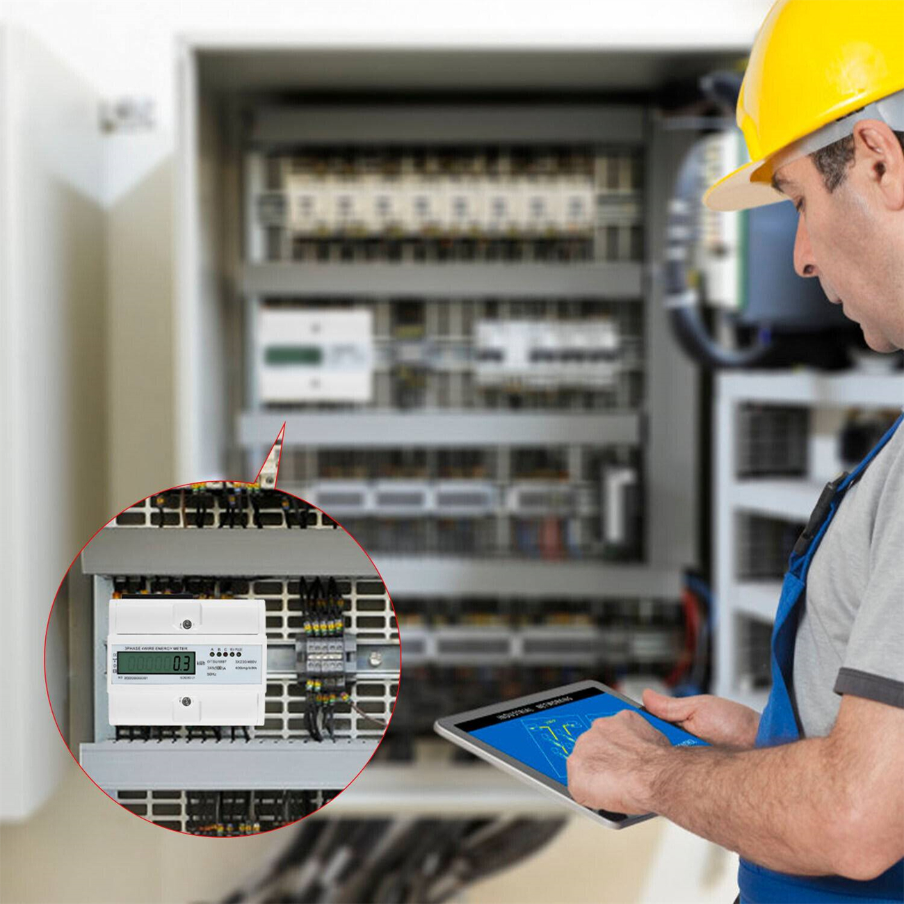 Ein Elektriker, der mit einem Tablet ein Bedienfeld überprüft. Ein Messgerät ist im Fokus.