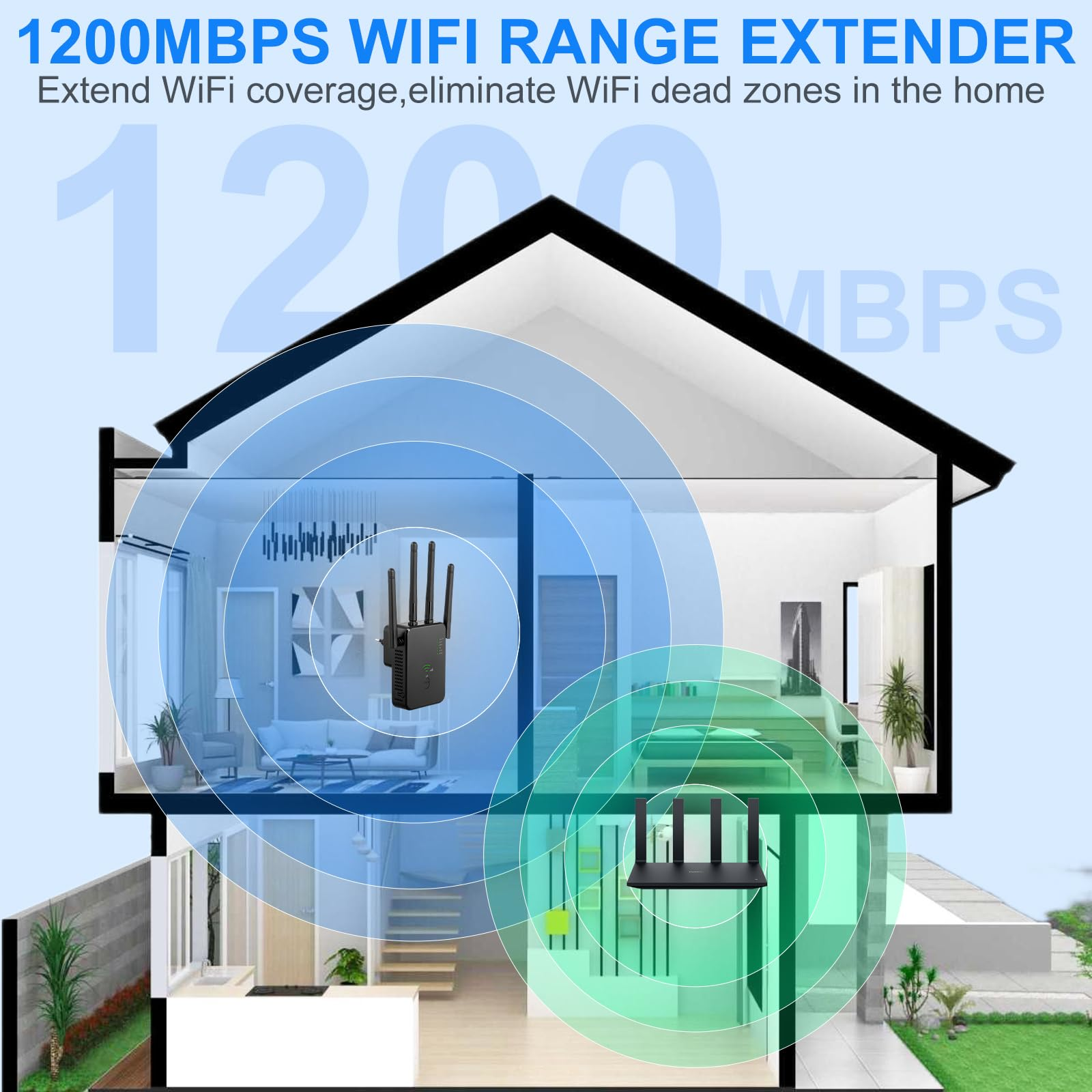 WLAN-Extender-Diagramm. Schwarzes Gerät in einem Haus mit grüner und blauer WLAN-Abdeckung.