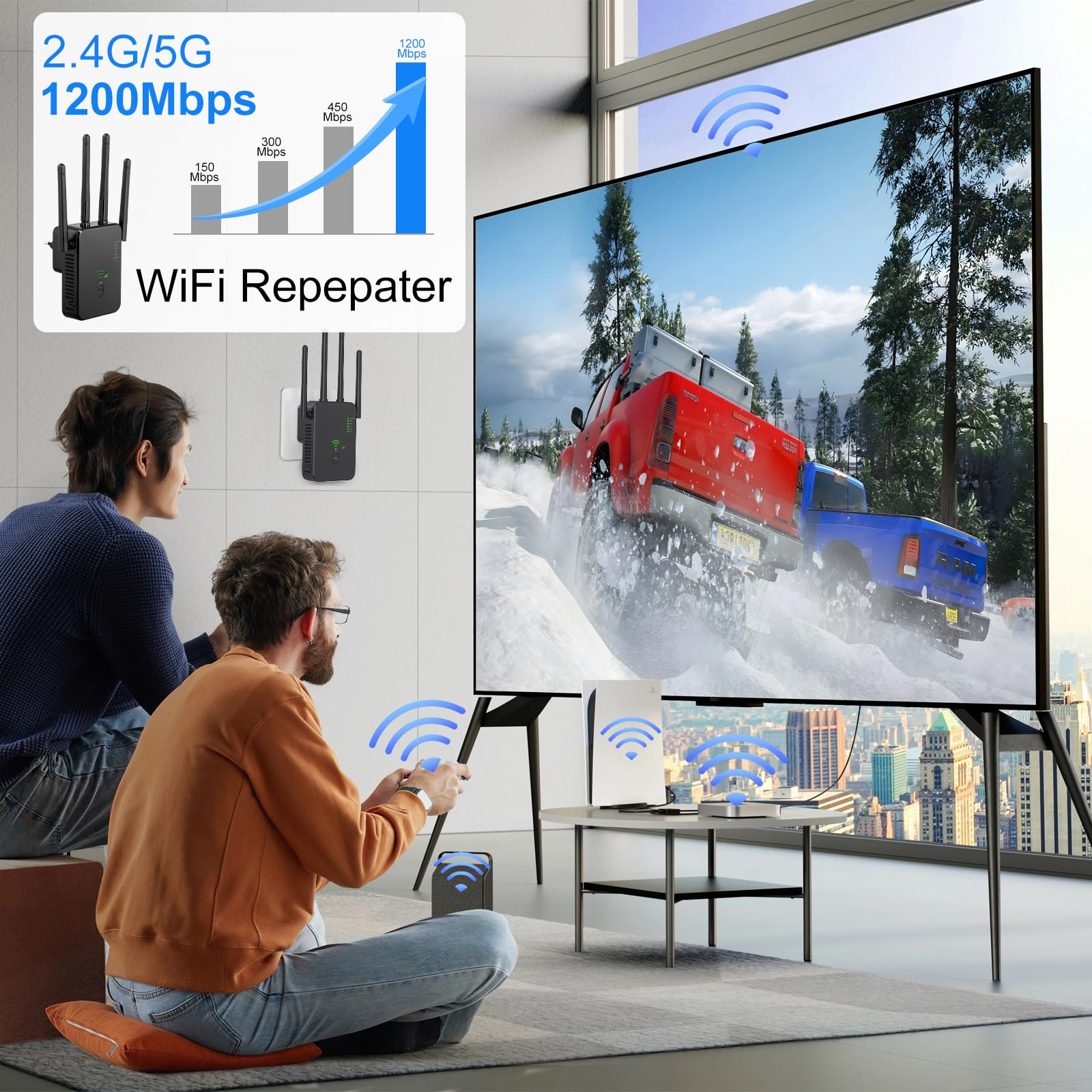 Menschen auf dem Sofa schauen fern, WLAN-Repeater, Balken und Grafik.