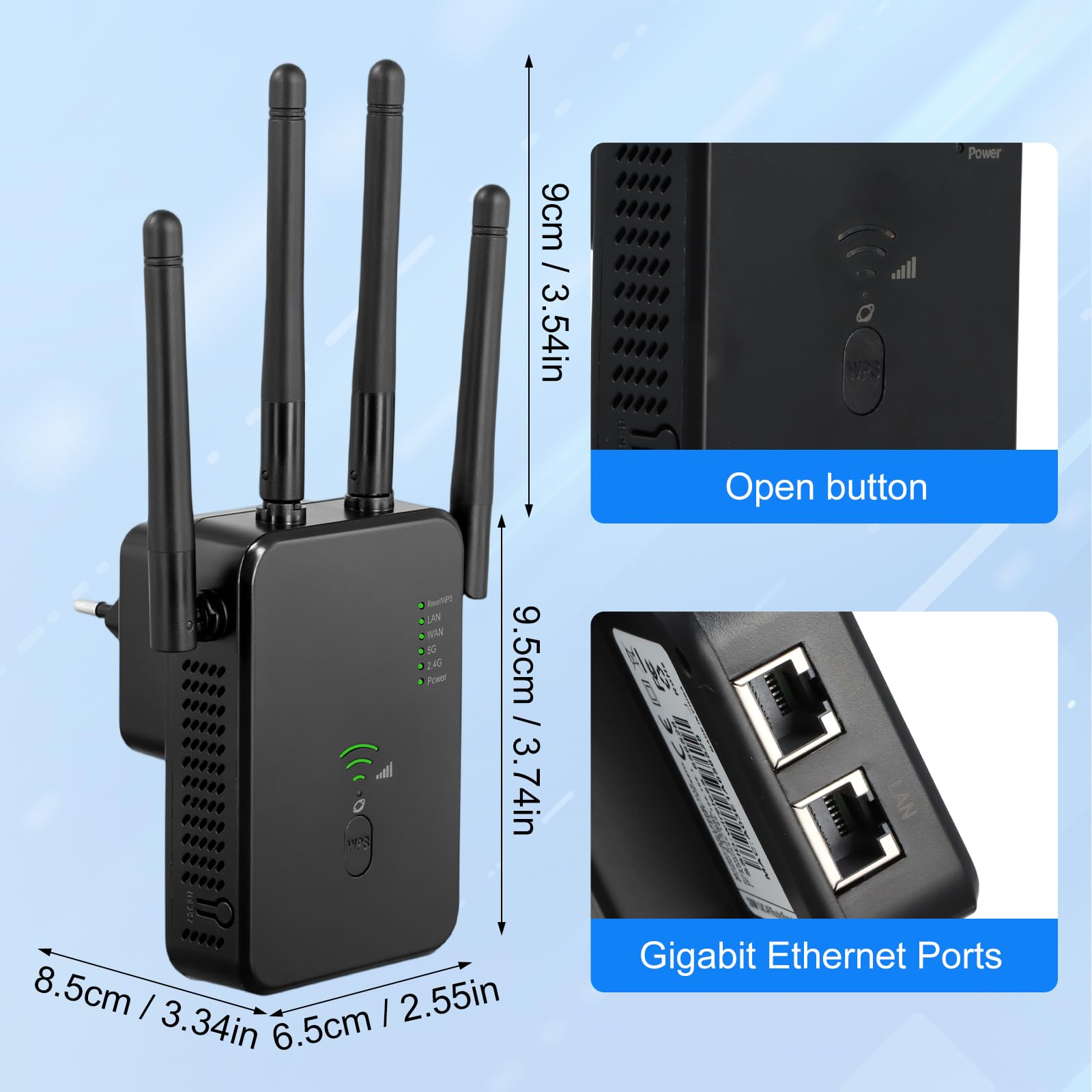 Ein schwarzer WLAN-Extender mit Antennen und Anschlüssen, mit Beschriftungen und Messungen, vor weißem Hintergrund.