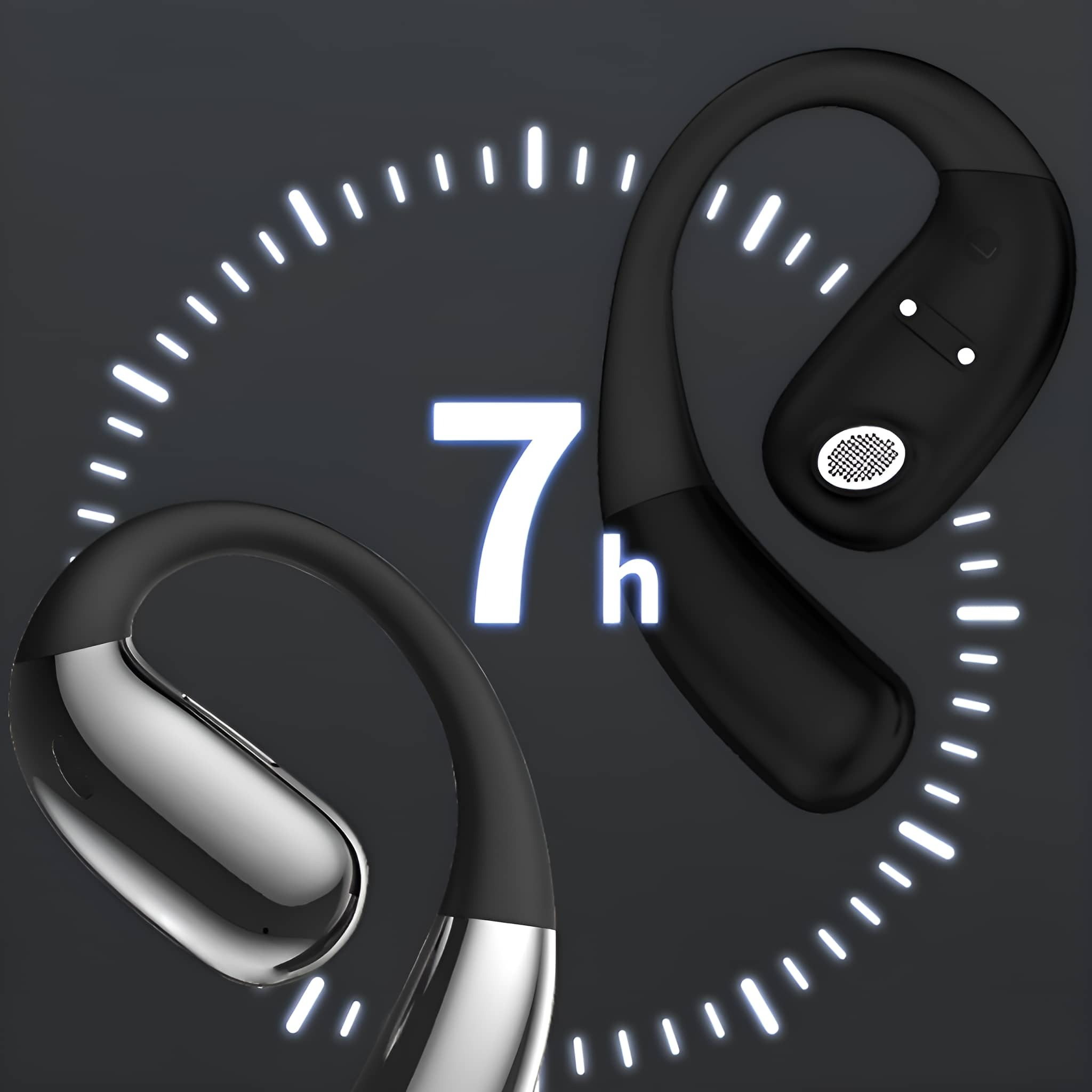 Zwei schwarze und silberne kabellose Ohrhörer in einem kreisförmigen Design mit 7h Text.