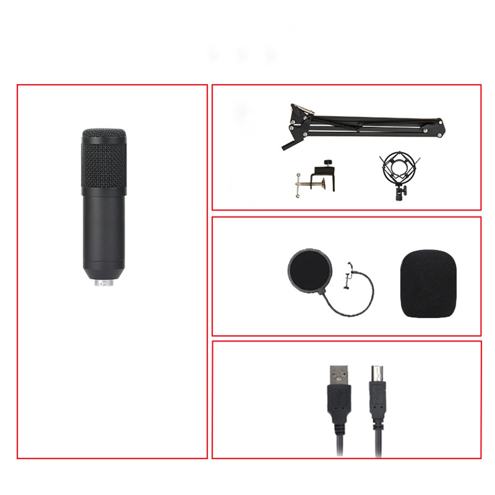 Ein Studiomikrofon, Pop-Filter und anderes Zubehör, dargestellt auf einer weißen Oberfläche vor einem roten Rand.