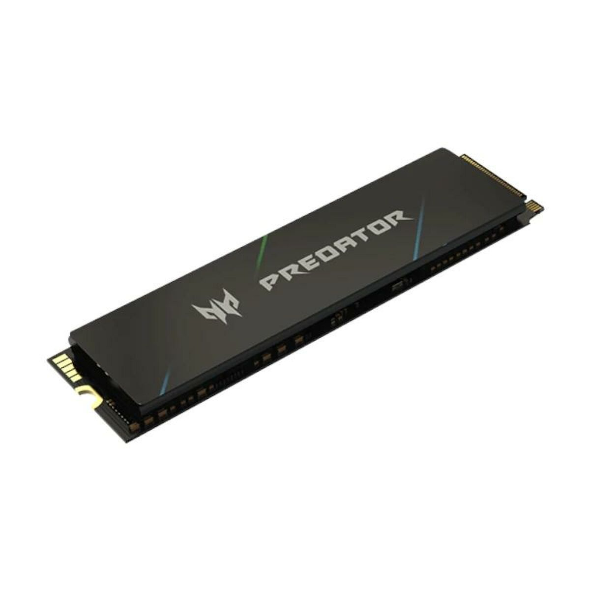 Czarny dysk SSD M.2 Predator z logo, zielonymi i niebieskimi akcentami.