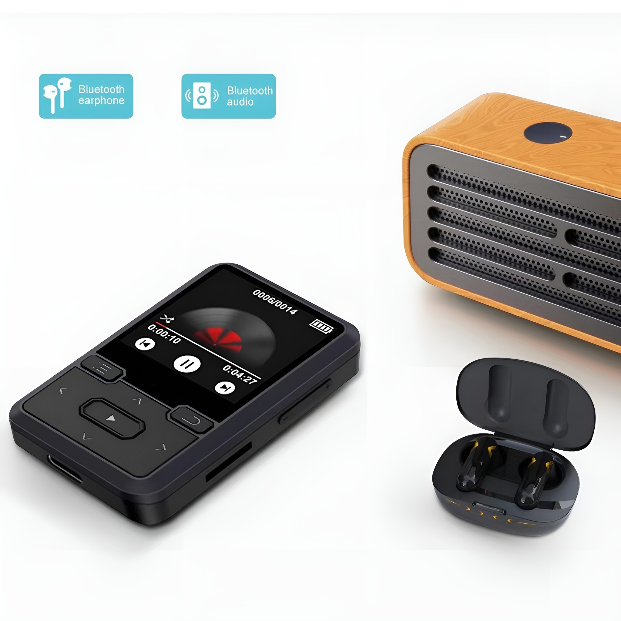 Schwarzer MP3-Player, Ohrhörer und ein Lautsprecher aus Holz.