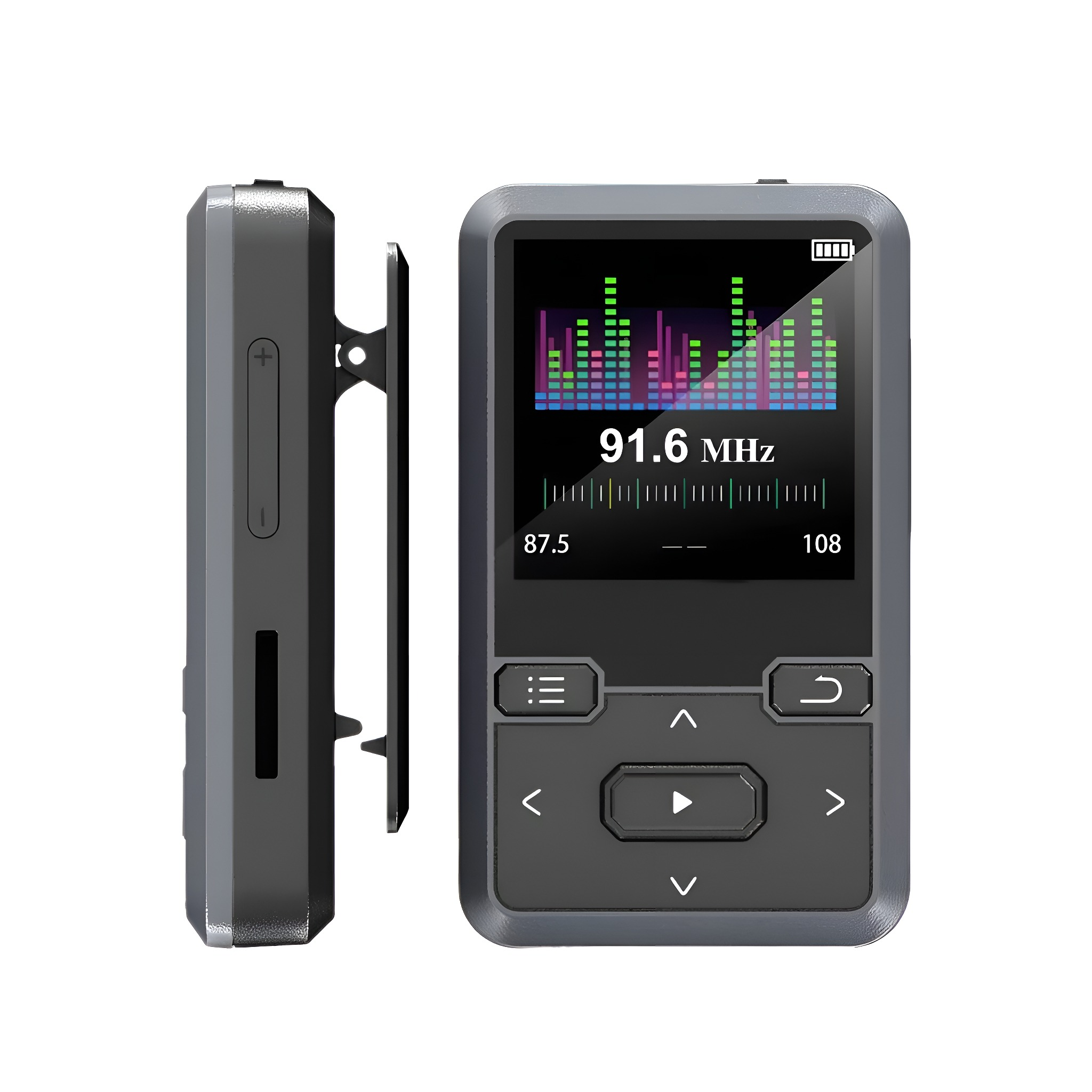 Grauer MP3-Player mit Bildschirm zeigt Frequenz. Seitenansicht zeigt Clip.