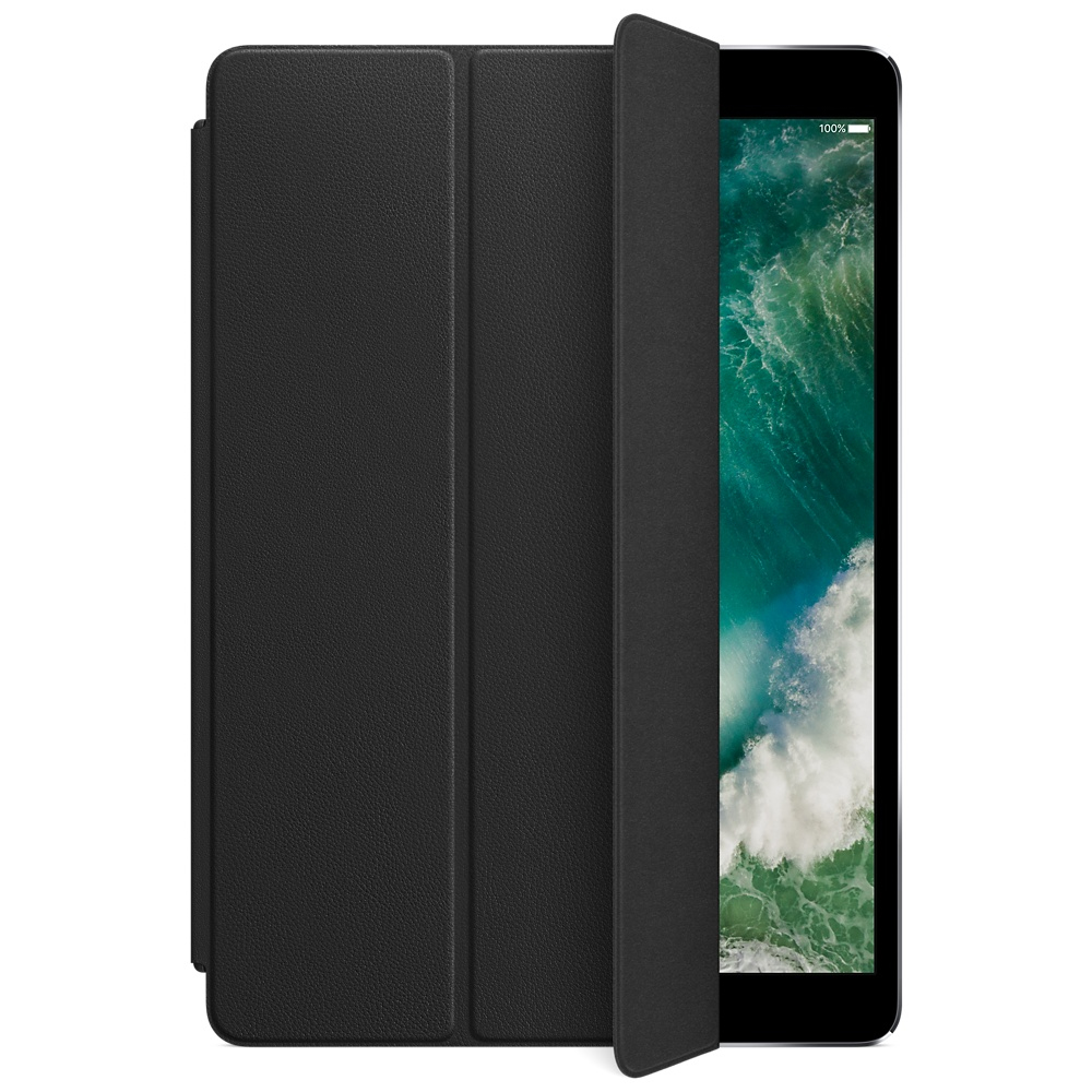 Custodia nera per iPad con coperchio aperto, che mostra lo schermo.