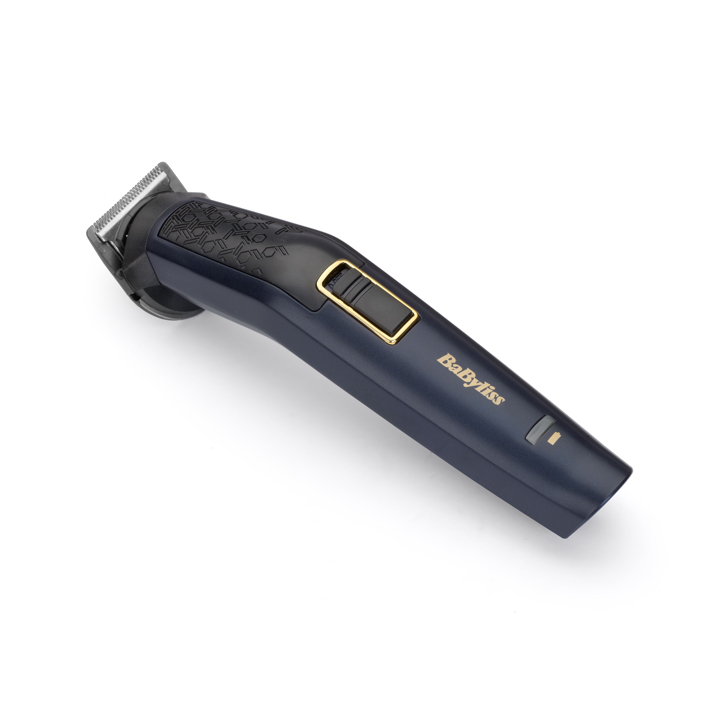 Tosatrice Babyliss blu scuro su bianco. Ha una parte superiore nera e un bottone dorato.