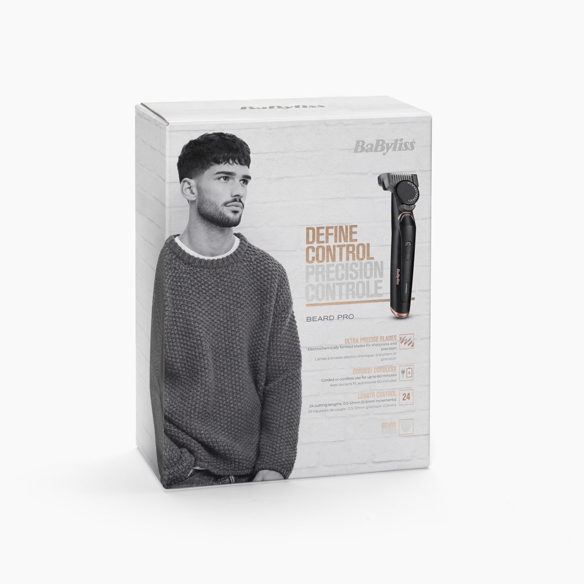 Pudełko produktu do trymera do brody BaByliss z mężczyzną z brodą i tekstem Define, Control, Precision.