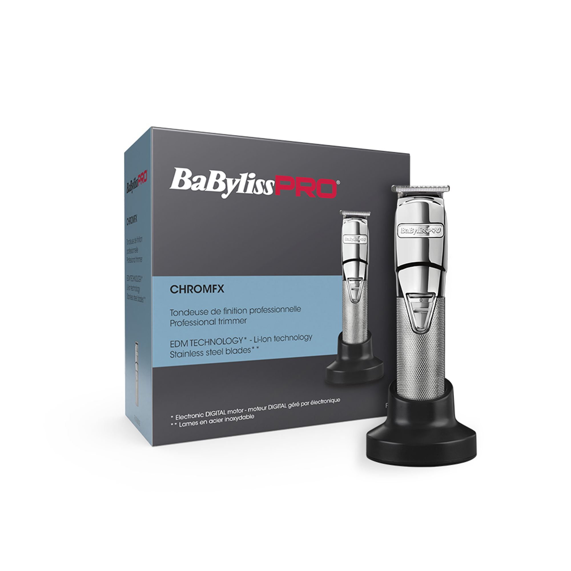 Una recortadora de cabello Babyliss PRO y su caja. La recortadora es plateada y negra, la caja turquesa y negra.