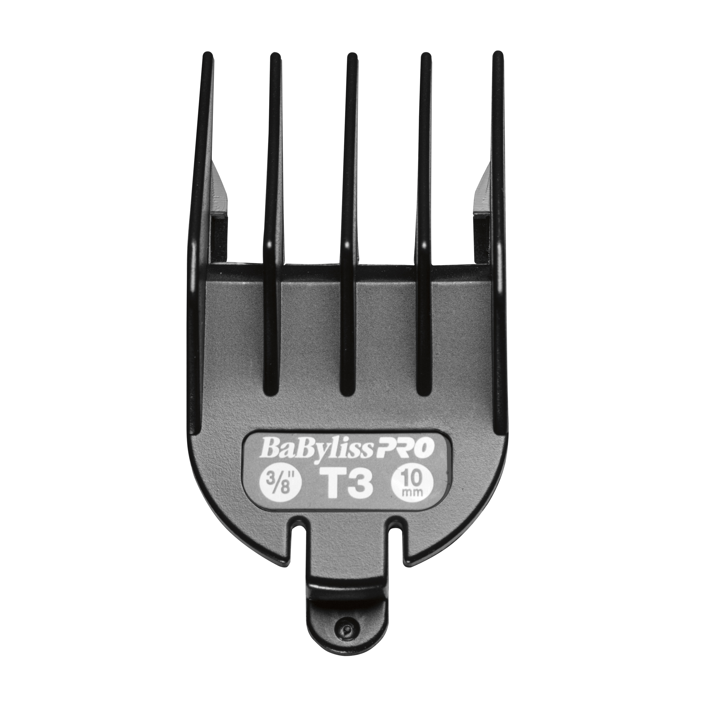 Accesorio negro para cortapelos con la etiqueta BaBylissPRO, 3/8", T3 y 10 mm, sobre fondo blanco.