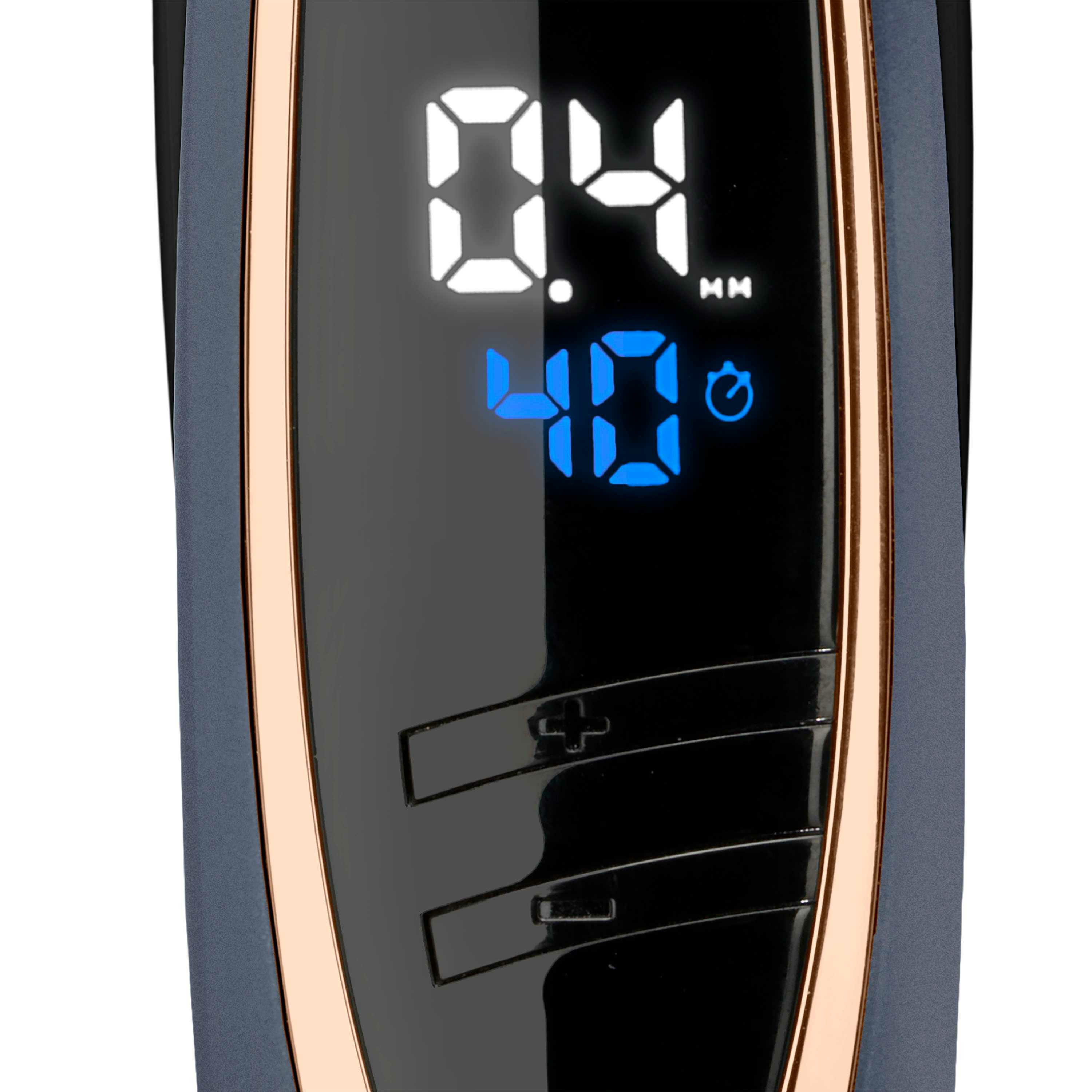 Zbliżenie czarnego wyświetlacza cyfrowego pokazującego 0,4 mm i 40° z przyciskami.