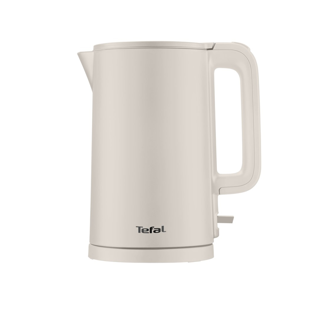 A white electric kettle, Teffal brand, isolated on white background.