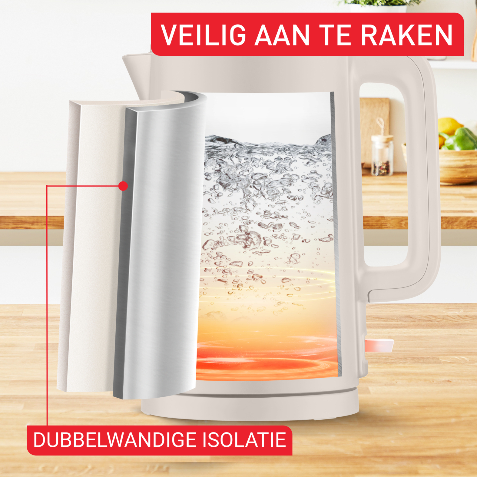 White electric kettle with open side showing boiling water. Red text: Safe to touch. Dutch text: Double wall insulation.