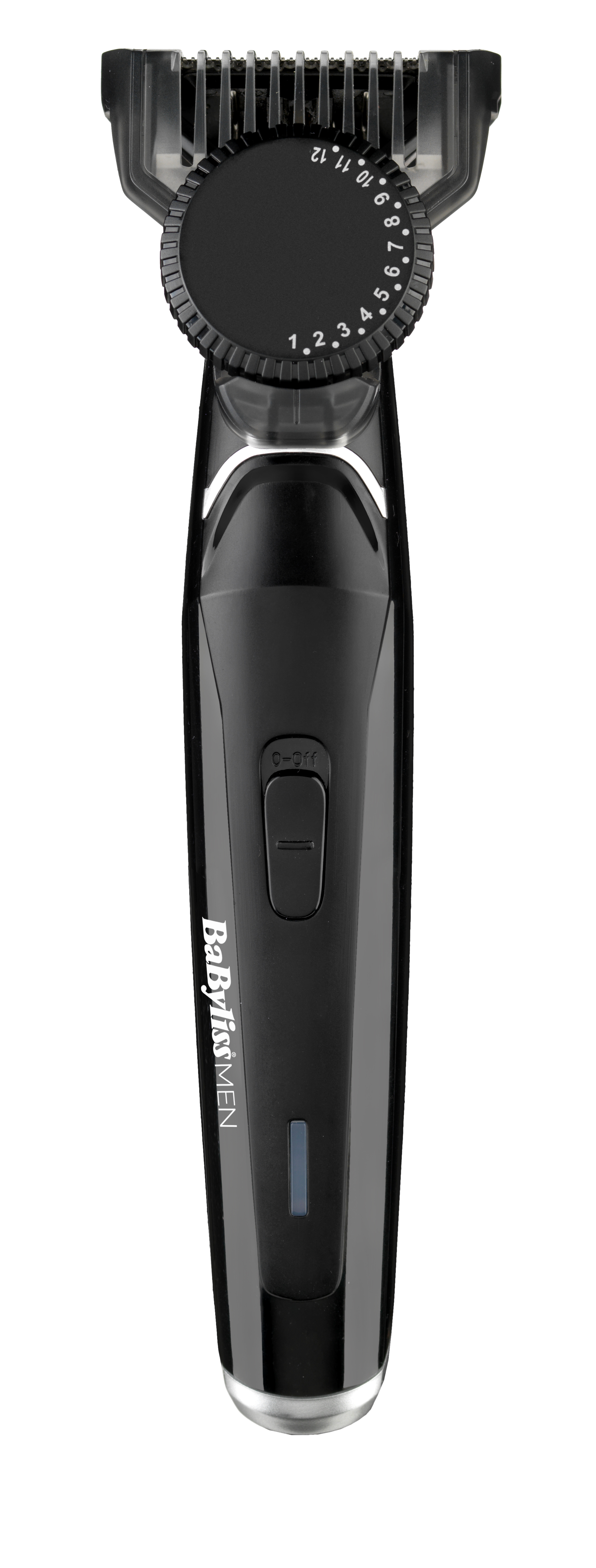 Recortador de pelo eléctrico negro. Dial para ajuste de longitud, negro y plateado.