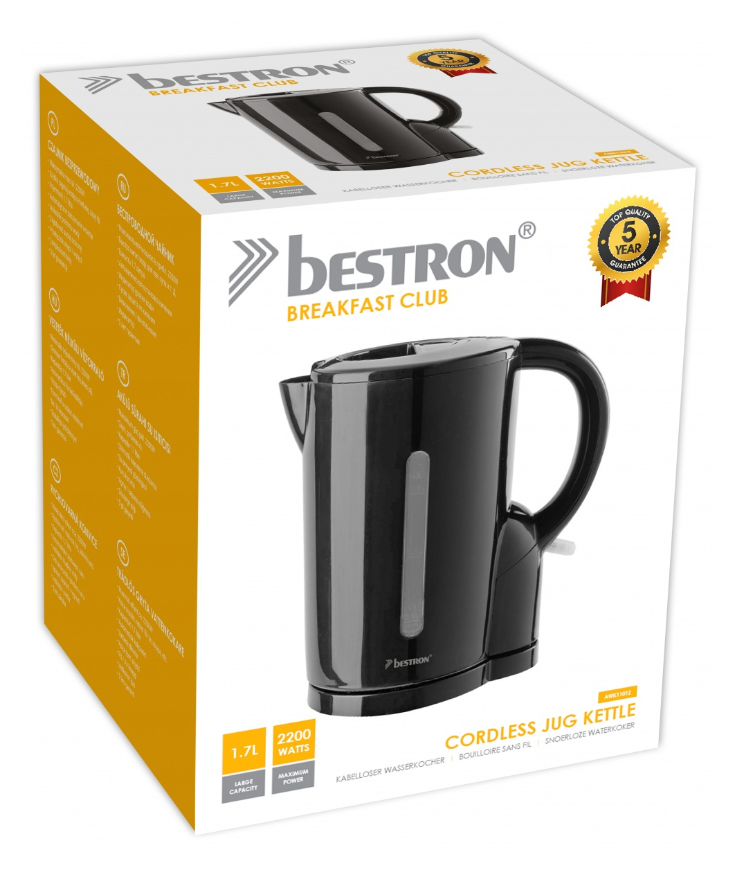 Czarny bezprzewodowy czajnik Bestron w pudełku, z nazwą marki i specyfikacjami.