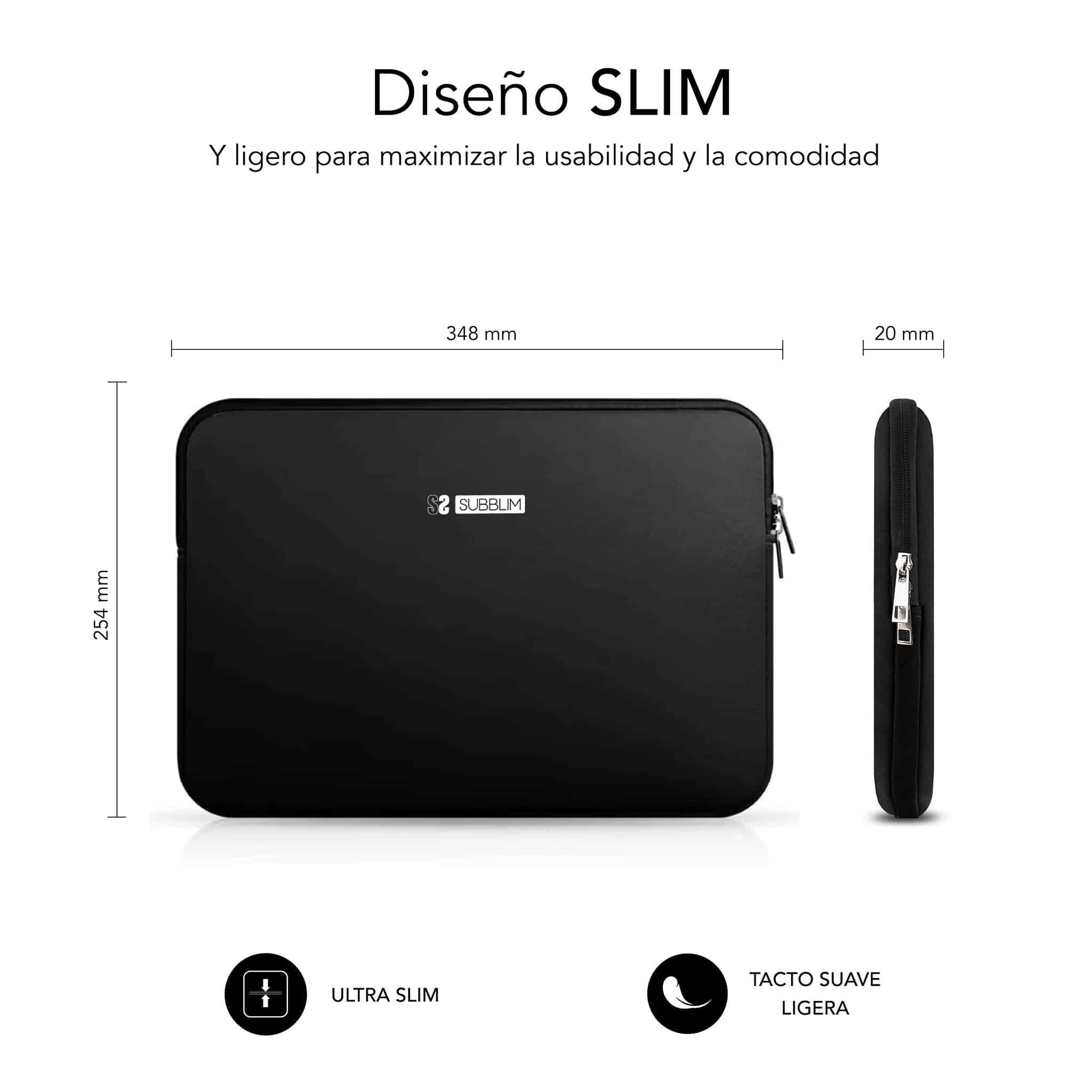 Custodia nera per laptop con dimensioni e testo, su sfondo bianco.