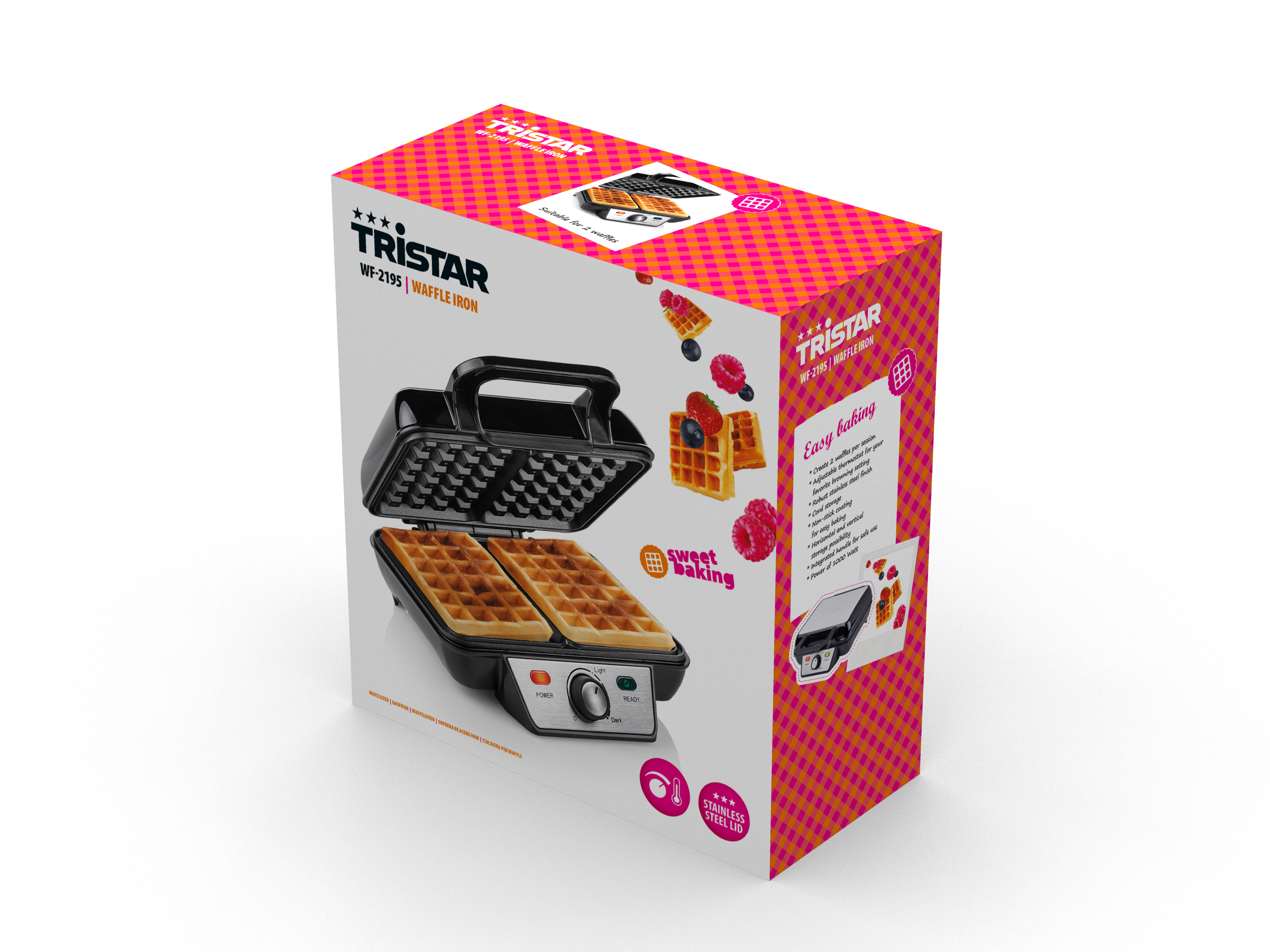 Pudełko gofrownicy Tristar, pokazujące gofrownicę i gofry z jagodami. Jasnoróżowe tło.