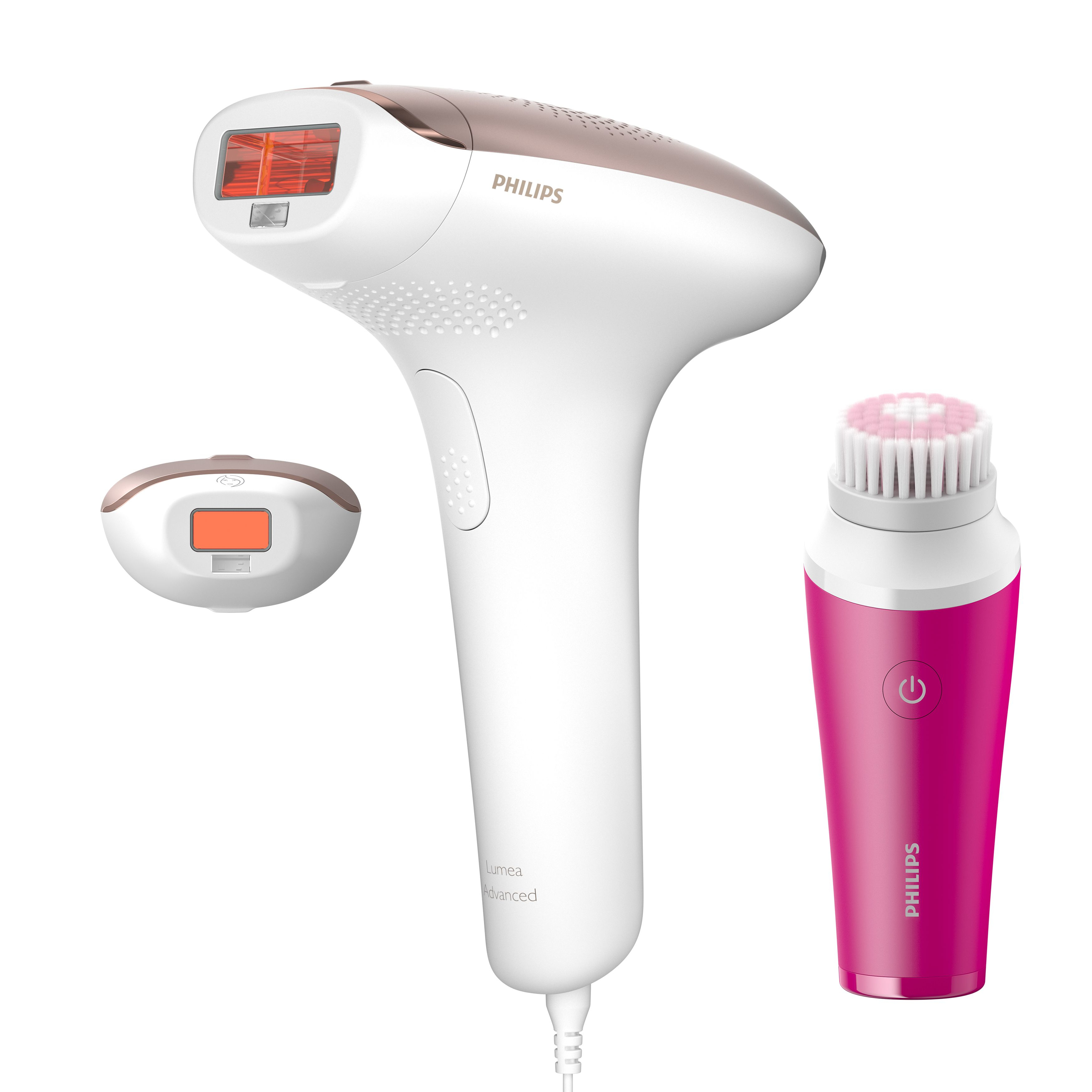 Białe i różowo-złote urządzenie Philips Lumea z szczotką i nasadką.