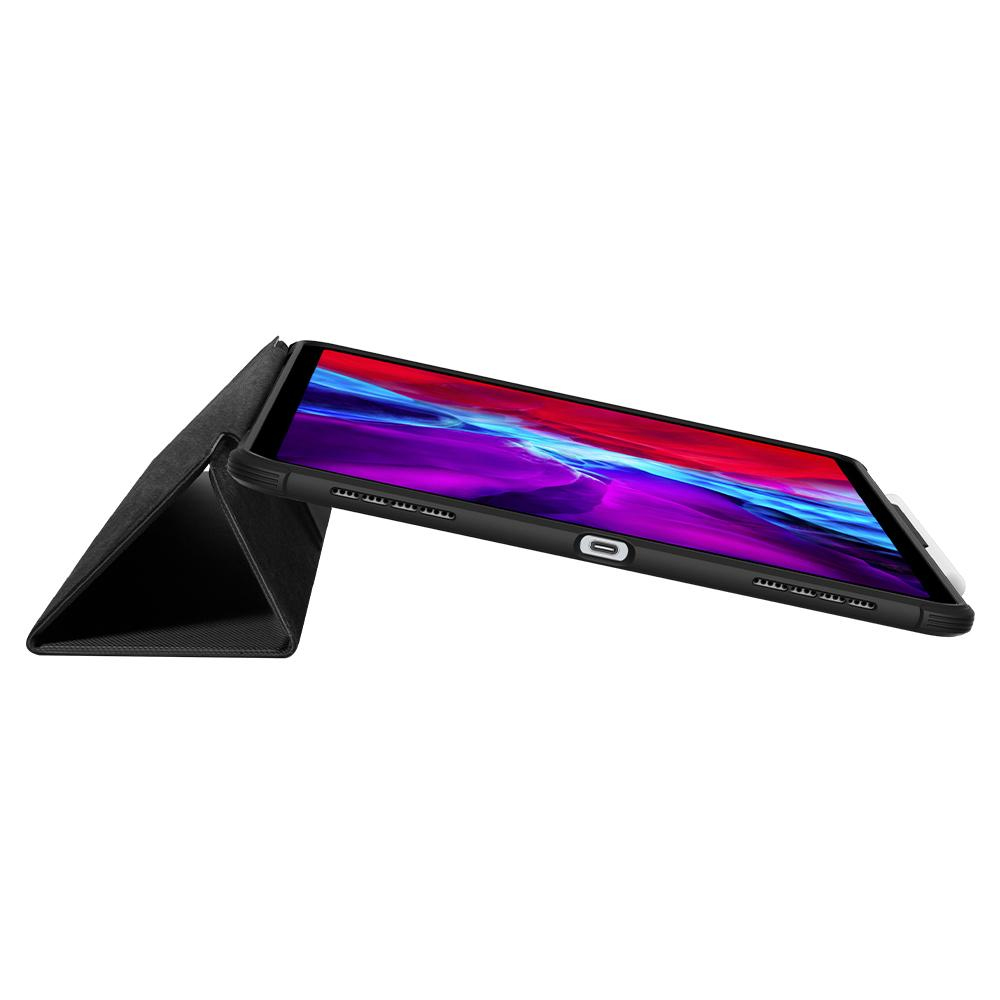 Custodia per tablet nera con tablet puntato a forma di triangolo, che mostra lo schermo.